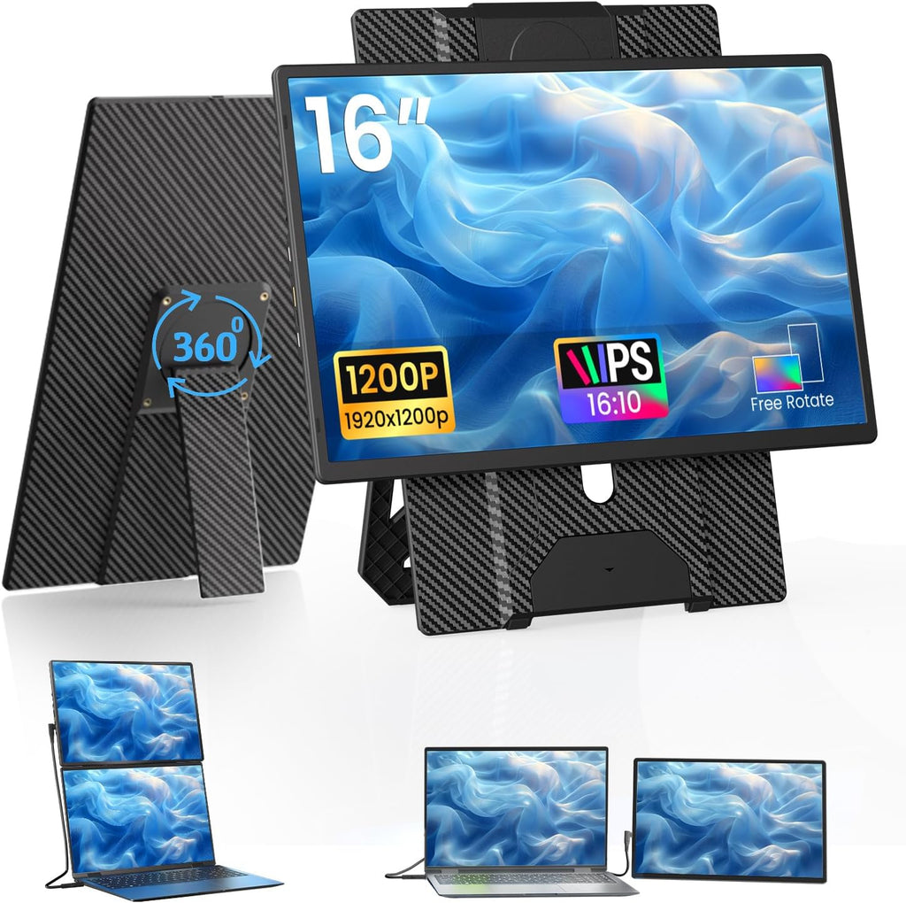 Laptop Screen Extender Portable Monitor - Dual 16' 1200P FHD Travel Monitor Fit for 13-17' Laptops Plug & Play 360° Rotating Detachable Stand Height Adjustable for Travel/Work/Study