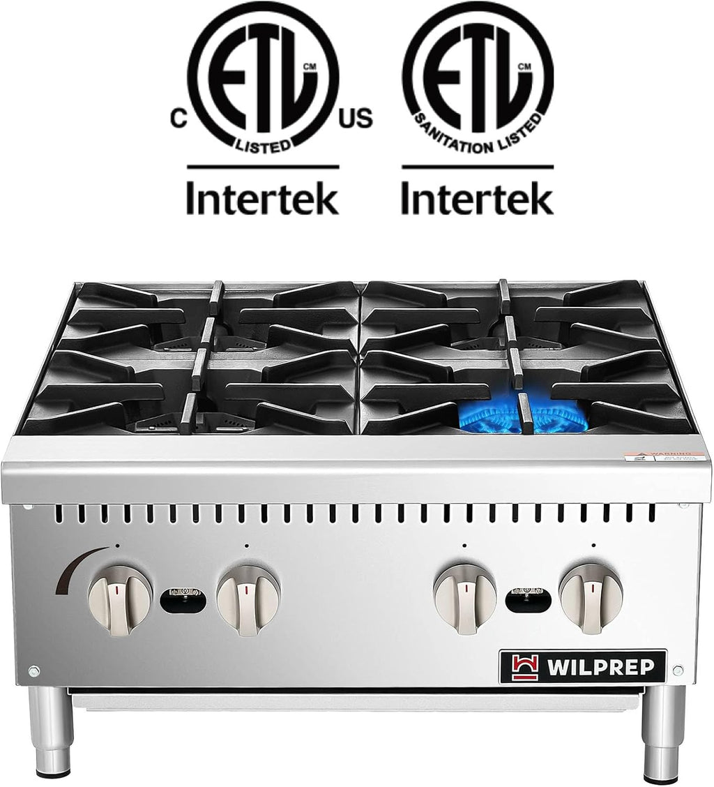 WILPREP Countertop Gas Range, 4 Burner Countertop Gas Stove with 100,000 BTU, 24' Propane with Natural Conversion Kit Grates, Stainless Steel Commercial for Restaurant Kitchen