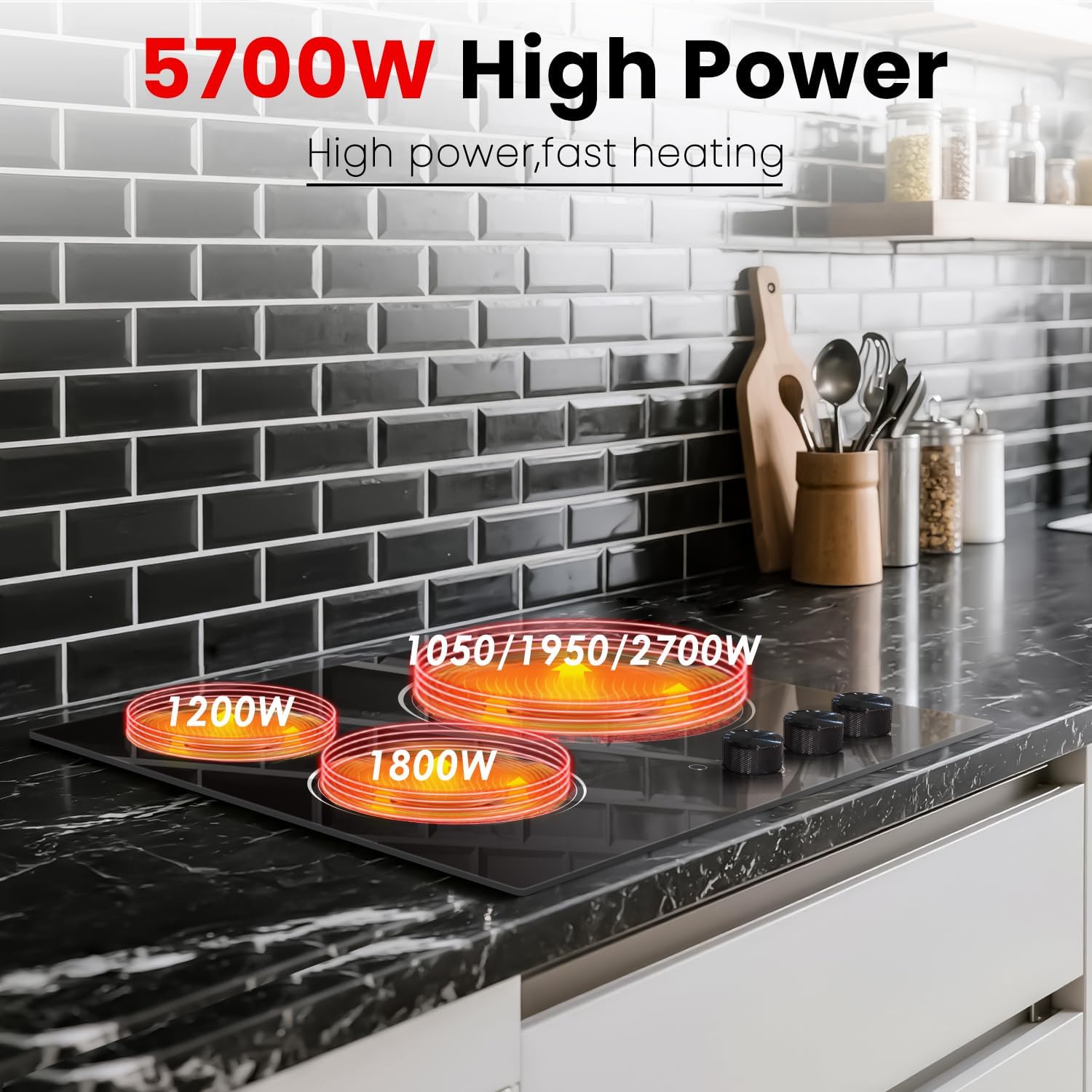 Electric Cooktop 24 Inch - 5700W 3 Burner Electric Stove with Knob Conrol, 220-240V Electrics Stove Top 24'', Built-in, Automatic Shutdown & 9 Heating Levels, Residual Heat Warning, Hard Wire