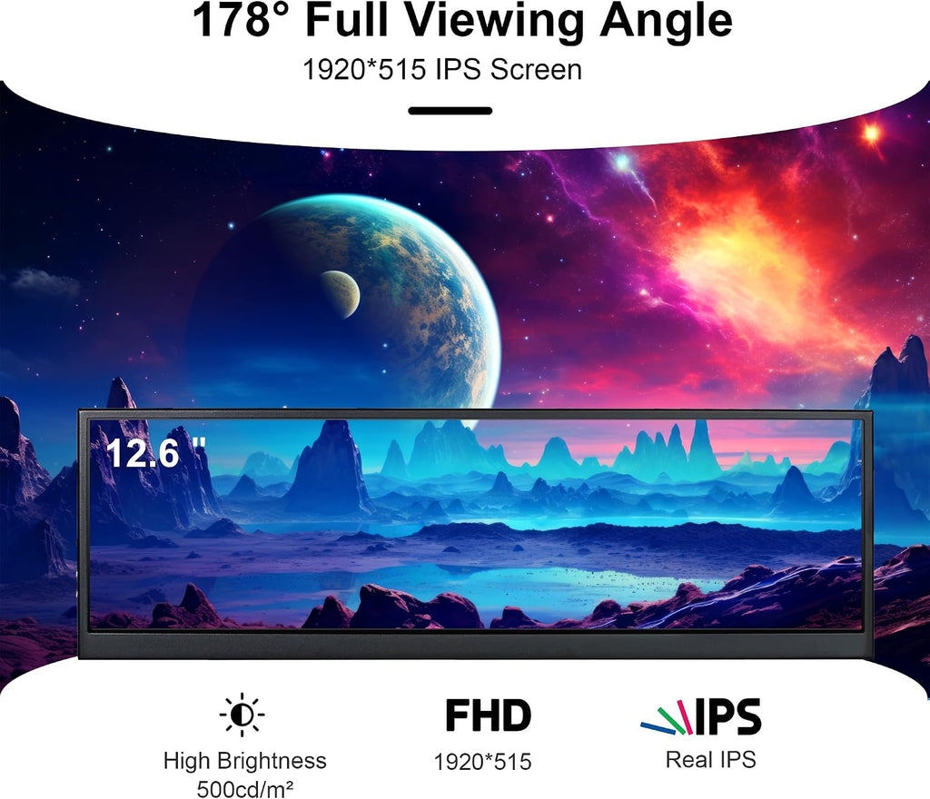 wisecoco 12.6 Inch Secondary Screen FHD IPS Stretched Bar LCD Display 1920X515 Mini HDMI for Laptop Computer Health Speed Windows Aida64 Sub CPU GPU Display (No Touch Monitor)