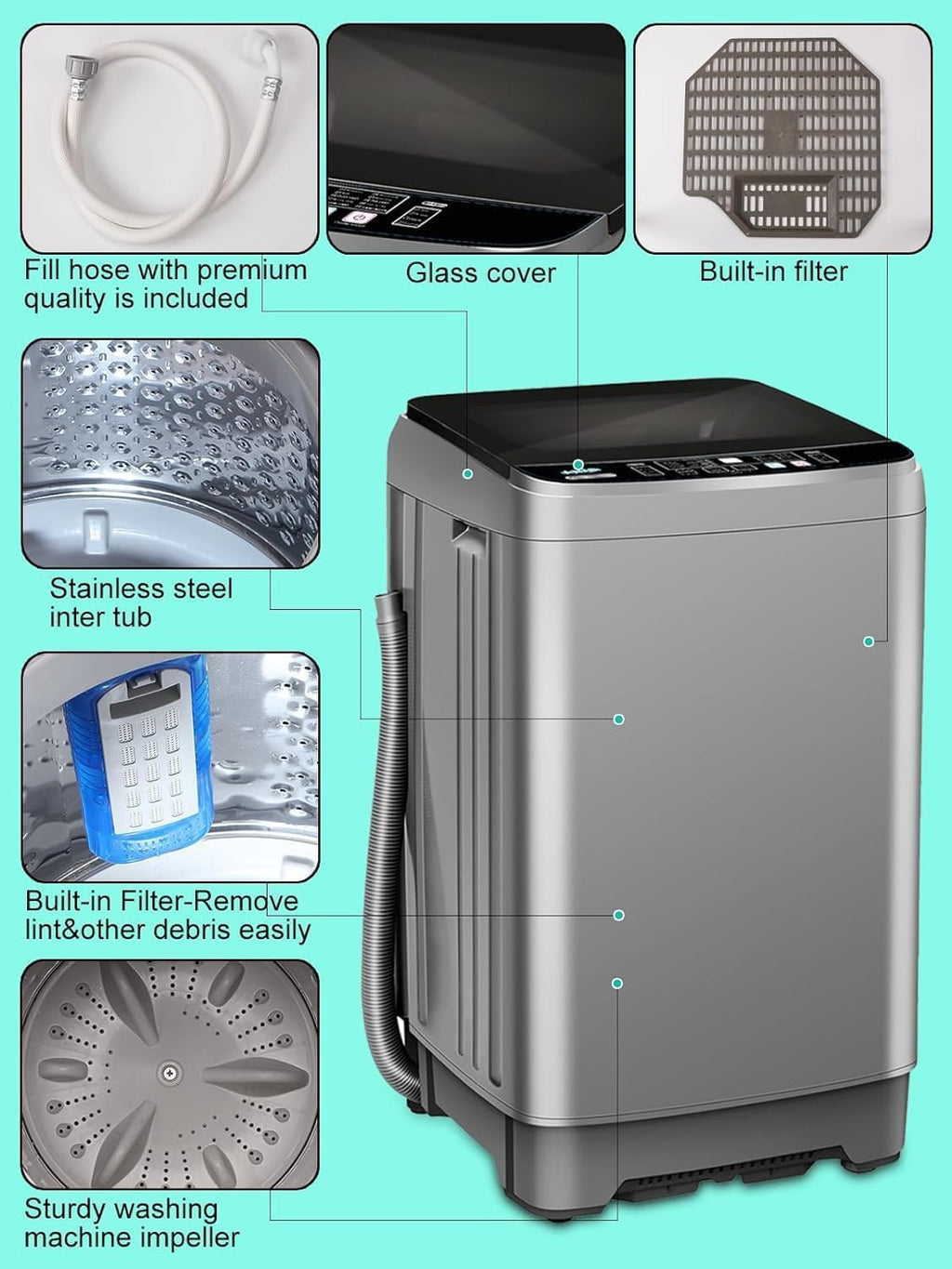25 lbs Full Automatic Washing Machine with LED Display Compact Washing Machine with a Glass Cover Drain Dump, 10 Wash Programs and 8 Water Levels Ideal for Dorms, Apartments, RV, Grey