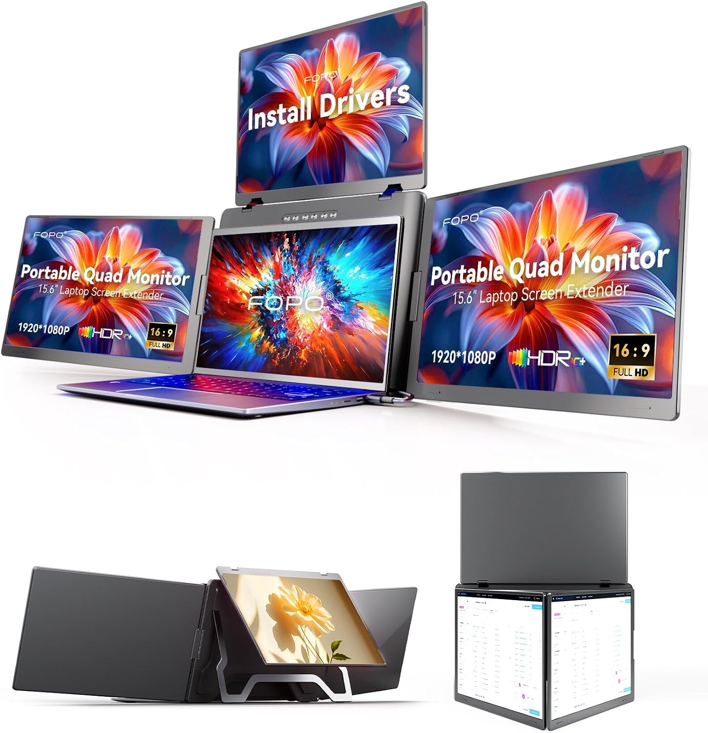 15.6' Laptop Screen Extender, Quad Monitor, FHD 1080P Portable Monitor, Laptop Extender Portable, Supports Laptops 13.6'- 17.3', Compatible with Windows 10/11 and MacOS M1/M2/M3