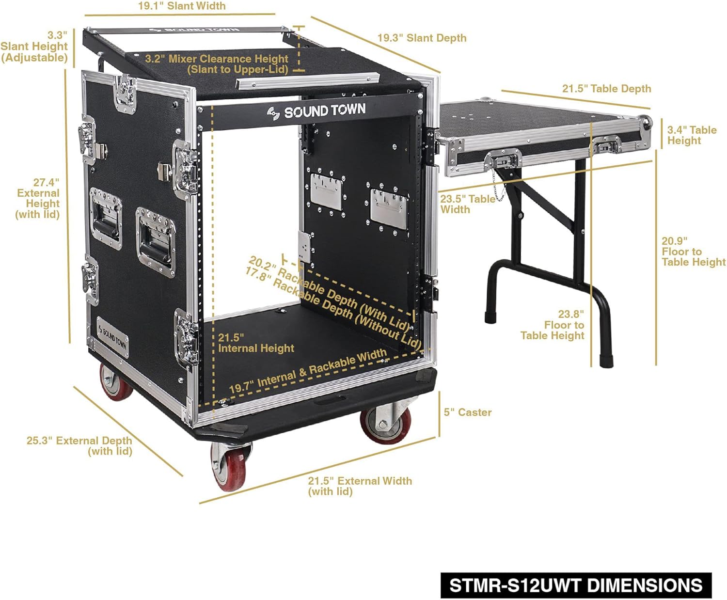 Sound Town High-Quality 1/2' (12mm) 12U PA DJ Pro Audio Rack/Road ATA Case with 11U Slant Mixer Top, Locking Drawer, Side Table, 20.2'' Rackable Depth and Casters (STMR-12TD2)