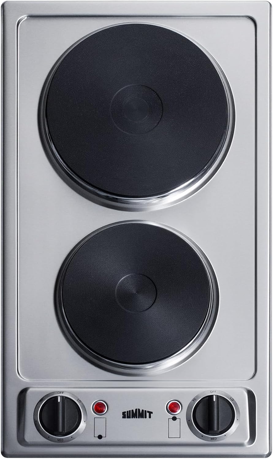 Summit 12' 2 Burner Electric Cooktop. 115 Volt Solid Disk Cooktop, ADA compliant, Stainless Steel, Cast Iron- CSD2B115