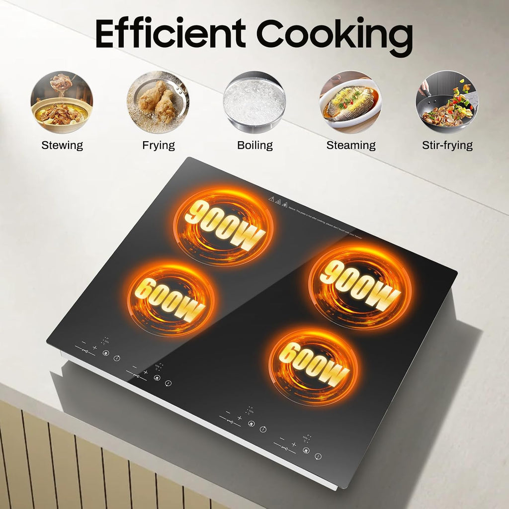 4 Burner Electric Cooktop 23 Inch Countertop & Built-in Ceramic Glass Stove Top 110V 3000W Electric Stove Top Hot Plate with 9 Heating Level, Child Lock, Timer, Hard Wire (No Plug)