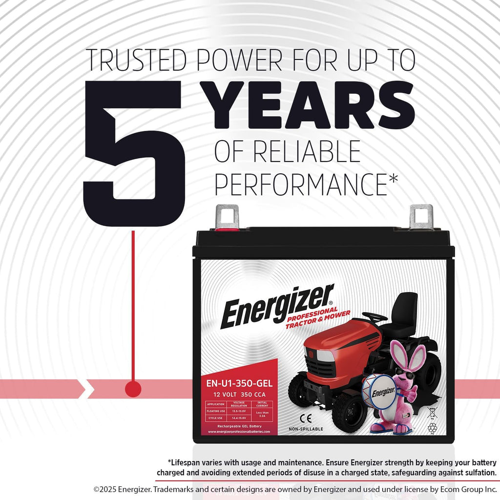 Energizer EN-U1-350-GEL, 12 Volt 350 CCA, Long Lasting Sealed Lead Acid AGM Rechargeable Battery Ideal For Use In Tractors, Lawn Mowers, and more