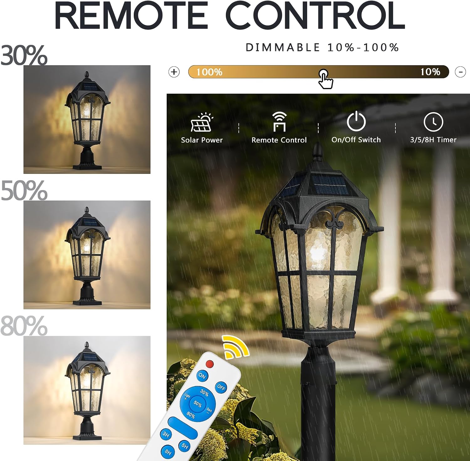 Emliviar Outdoor Solar Lamp Post Light in Black Finish, 22.1' Large Outdoor Lighting with Water Grain Glass Shade for Patio, Vintage Post Lantern LED Bulb Included with Remote Control, YXE302MP-SL BK