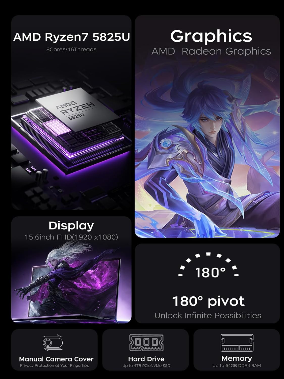MALLRACE Gaming Laptop,AMD Ryzen 7 5825U(Beat Intel i7-1255,up to 4.5GHz), Radeon RX Vega 8 Graphics,15.6' FHD Display,16GB RAM 1TB NVMe SSD Laptop Computer with Numeric KB,Type_C (Full Function)
