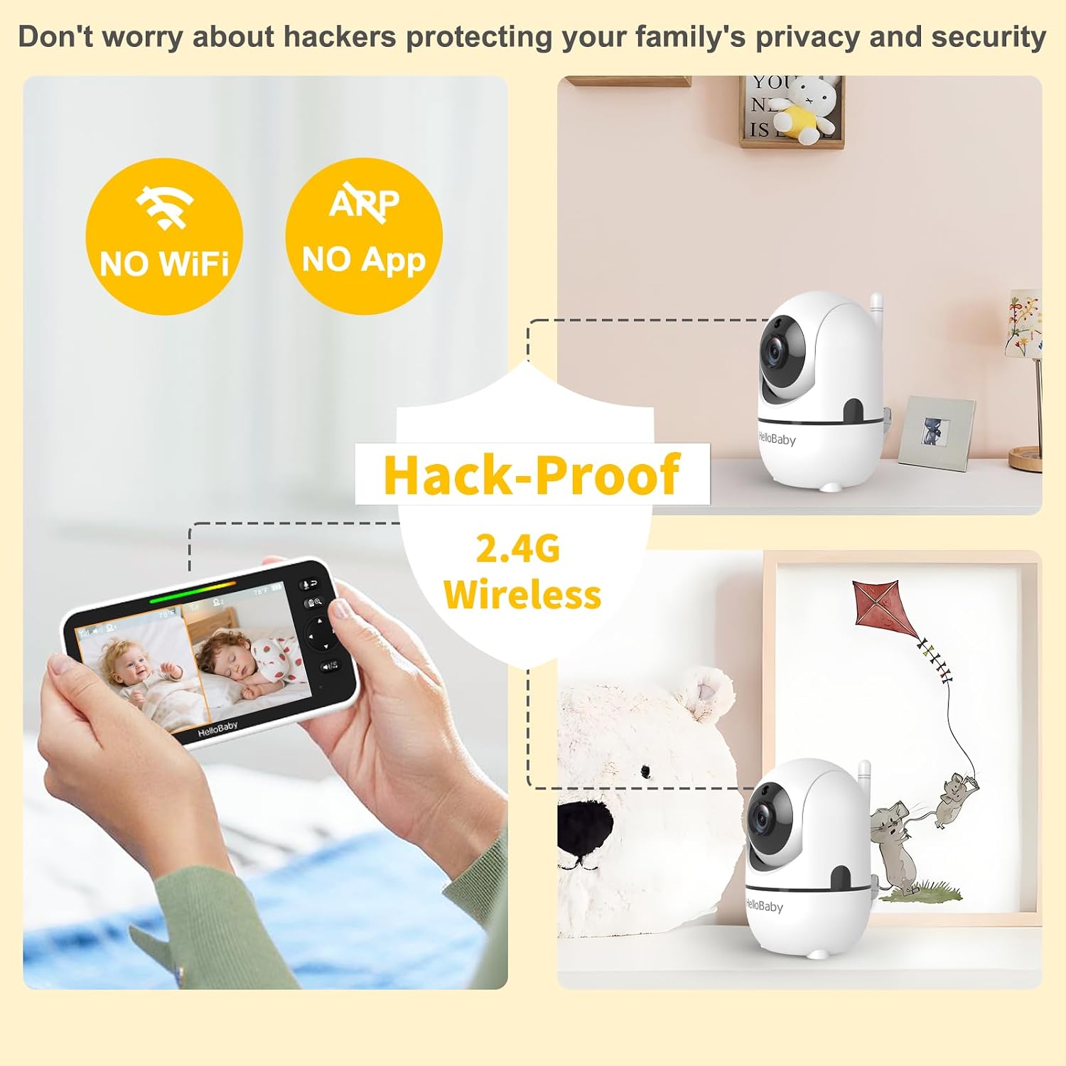 HelloBaby Baby Monitor with 2 Cameras, 6' World First Split Screen, No WiFi, 30H Battery, 355° Pan-Tilt-Zoom, Night Vision, VOX, 8 Lullabies, Temperature Alert, 1000ft Range, Portable for Travel