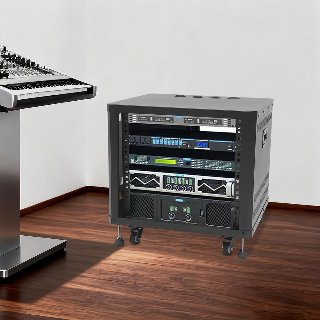 Network & Stereo Rack, 9U Steel Open Frame Home Studio Rack with Caster Wheels, Video Stage Stereo Equipment Storage Cabinet Stand On Wheels for Audio Video, Server and Network Gear