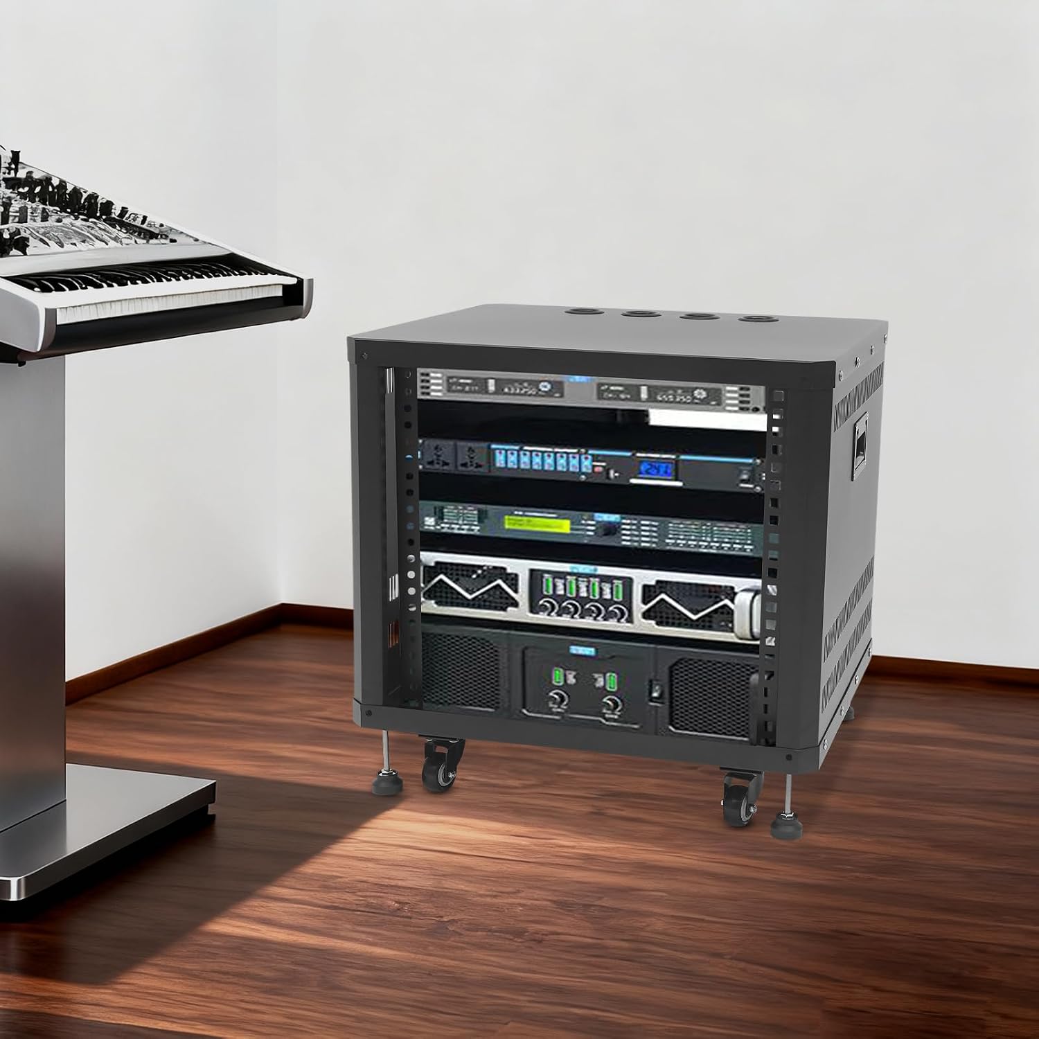 Network & Stereo Rack, 9U Steel Open Frame Home Studio Rack with Caster Wheels, Video Stage Stereo Equipment Storage Cabinet Stand On Wheels for Audio Video, Server and Network Gear