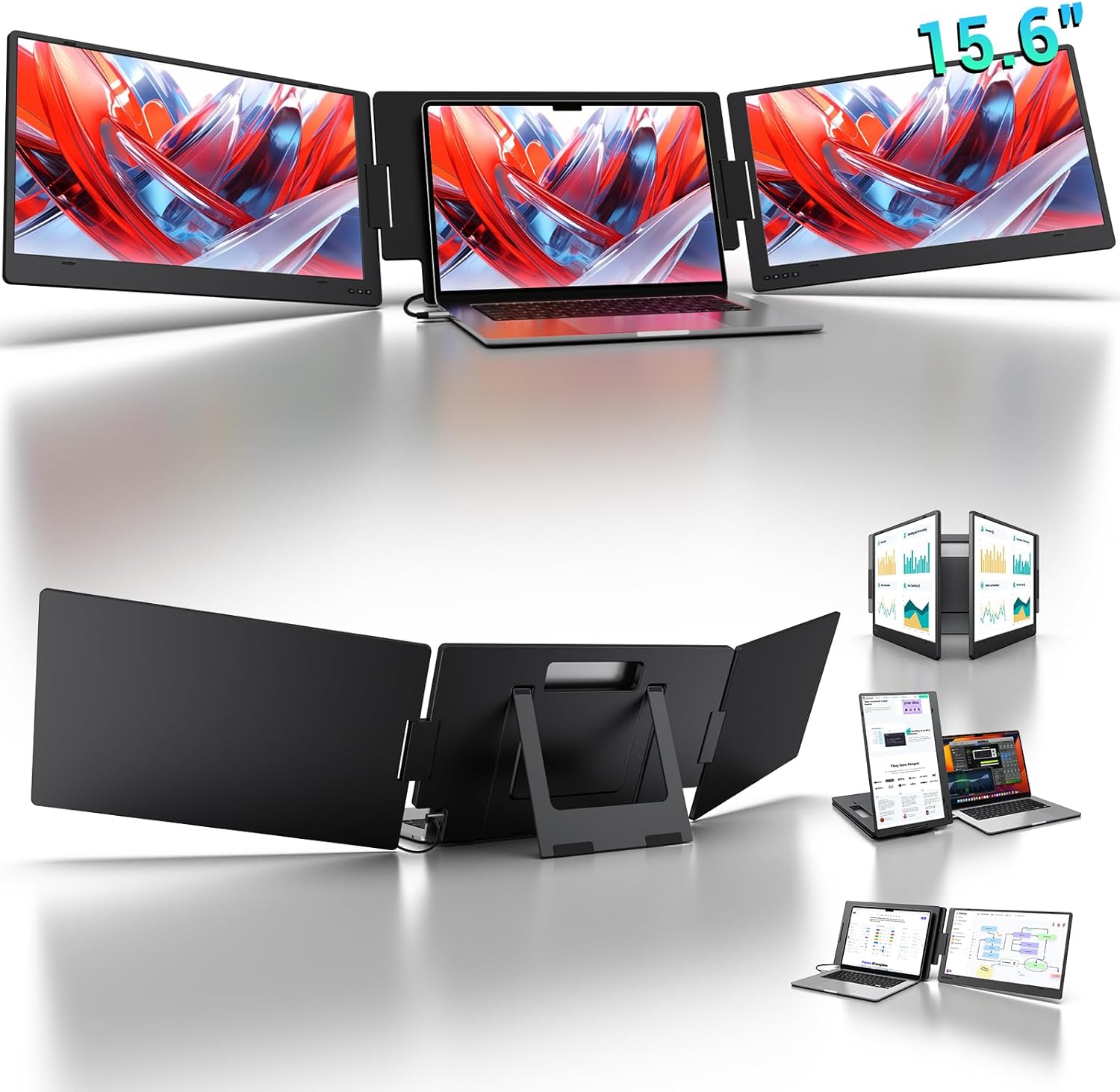 KYY 15.6' Laptop Screen Extender, 1080P FHD IPS Portable Monitor, One Cable USB-C Triple Monitor, Dual Travel Screen for 12'-17'' Laptops, 360° Rotation & Kickstand，X90D (Driver Need)