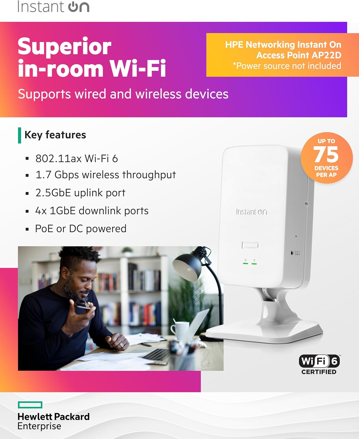 HPE Networking Instant On Access Point AP22D 2x2 WiFi 6 Indoor Wireless Access Point | Single-Room, Secure, Smart Mesh Support | Power Source NOT Included | US Model (S1U75A)