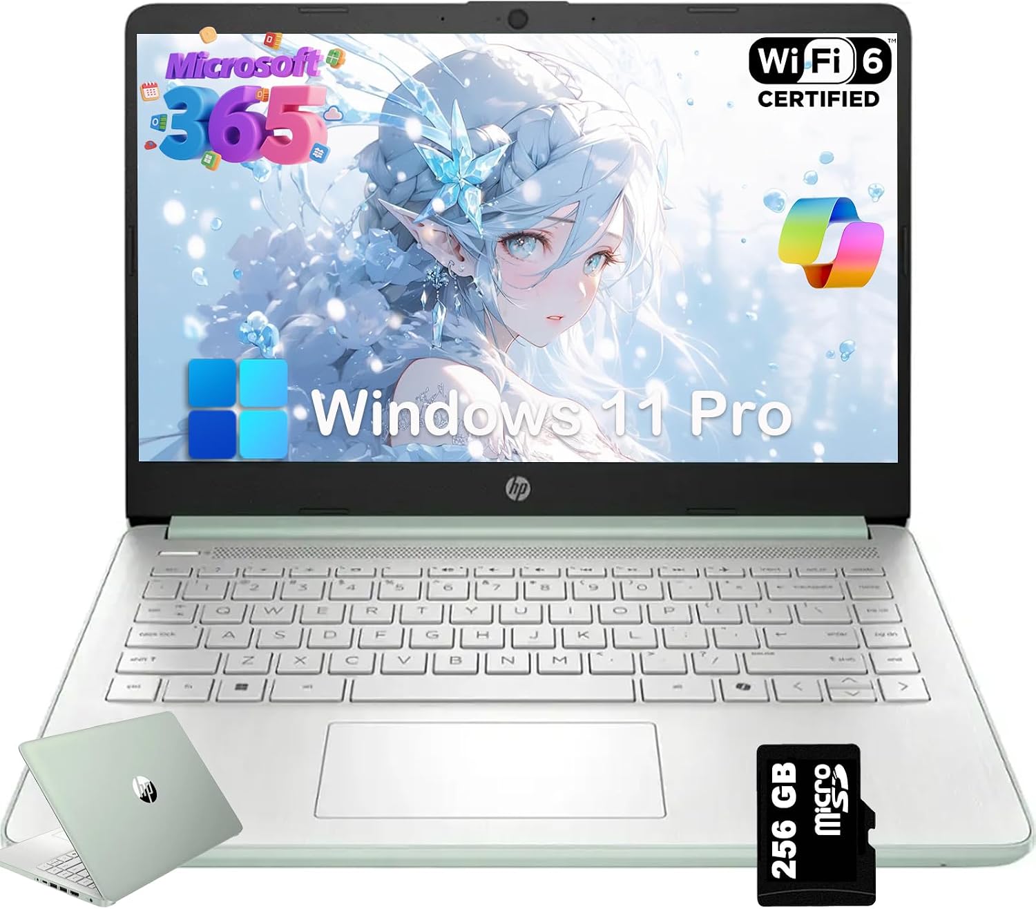 HP 2025 New 14 Laptop for Student & Business - AI-Powered 1-Y Office 365, Intel Quad-Core CPU, Ultra-Light, 16GB RAM, 384GB Storage (128GB UFS+256GB SD Card), 14 inch LED, Win 11 Pro, Willow Green