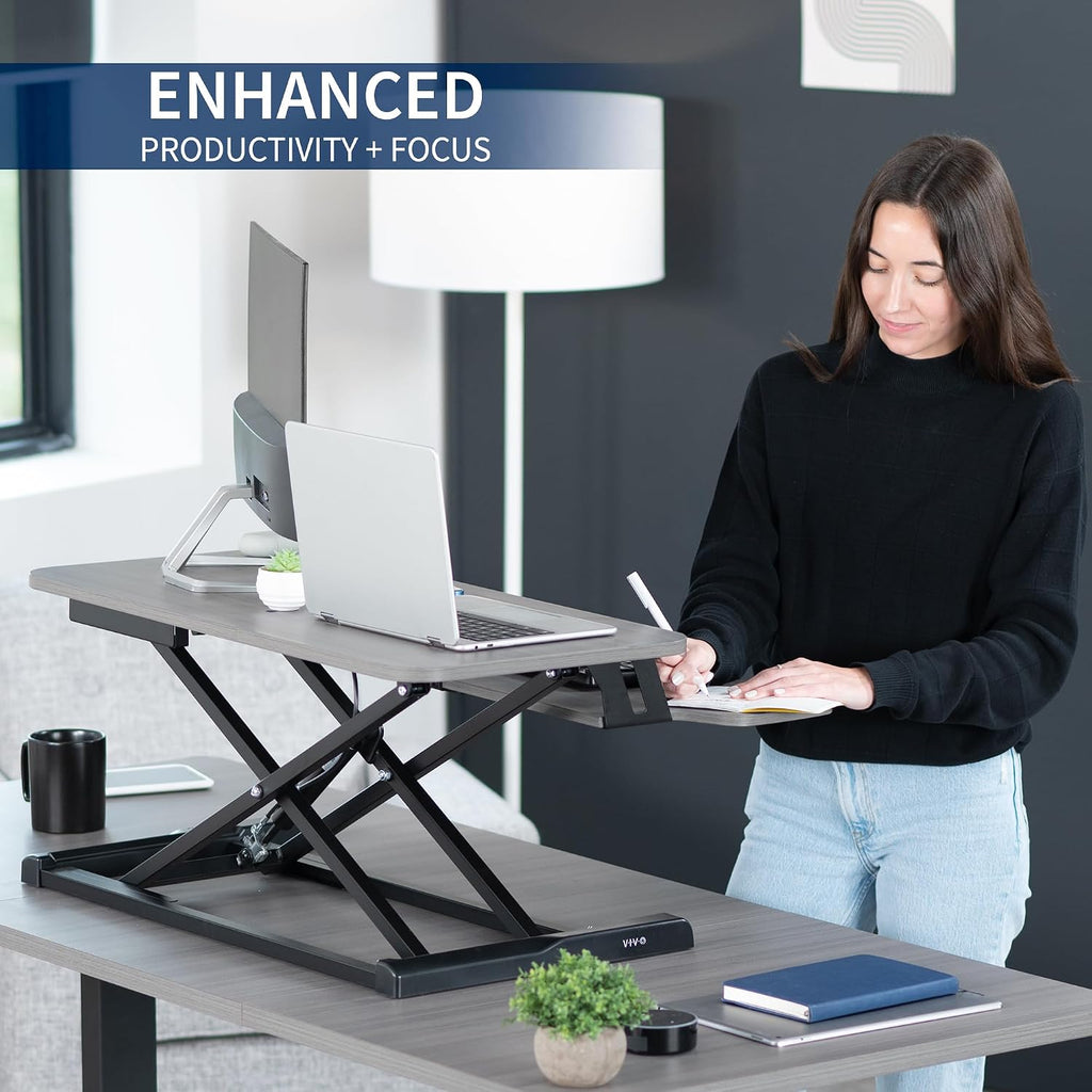 VIVO 32 inch Desk Converter, K Series, Height Adjustable Sit to Stand Riser, Dual Monitor and Laptop Workstation with Wide Keyboard Tray, Gray Top, Black Frame, DESK-V000KG