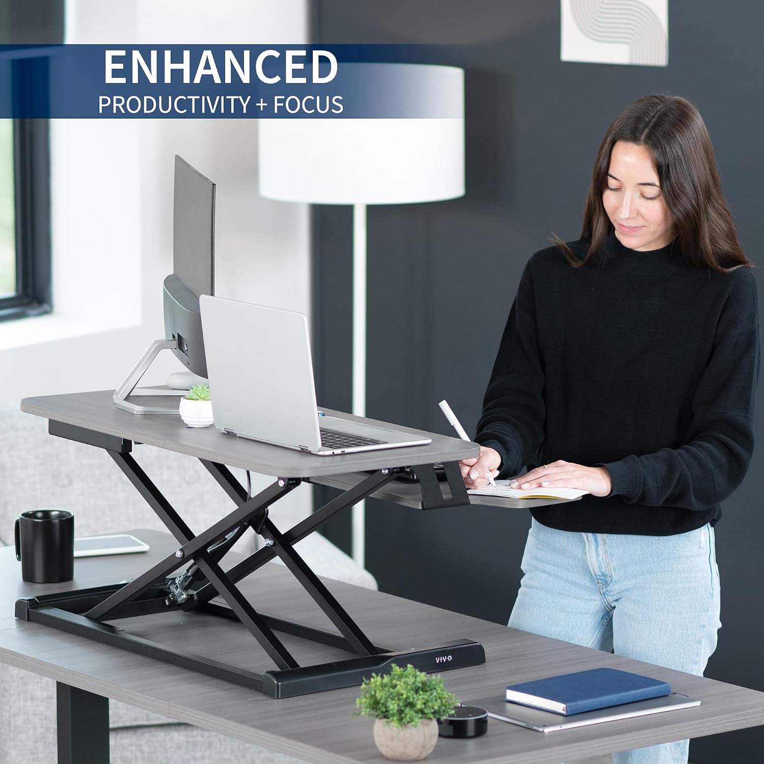 VIVO 32 inch Desk Converter, K Series, Height Adjustable Sit to Stand Riser, Dual Monitor and Laptop Workstation with Wide Keyboard Tray, Gray Top, Black Frame, DESK-V000KG