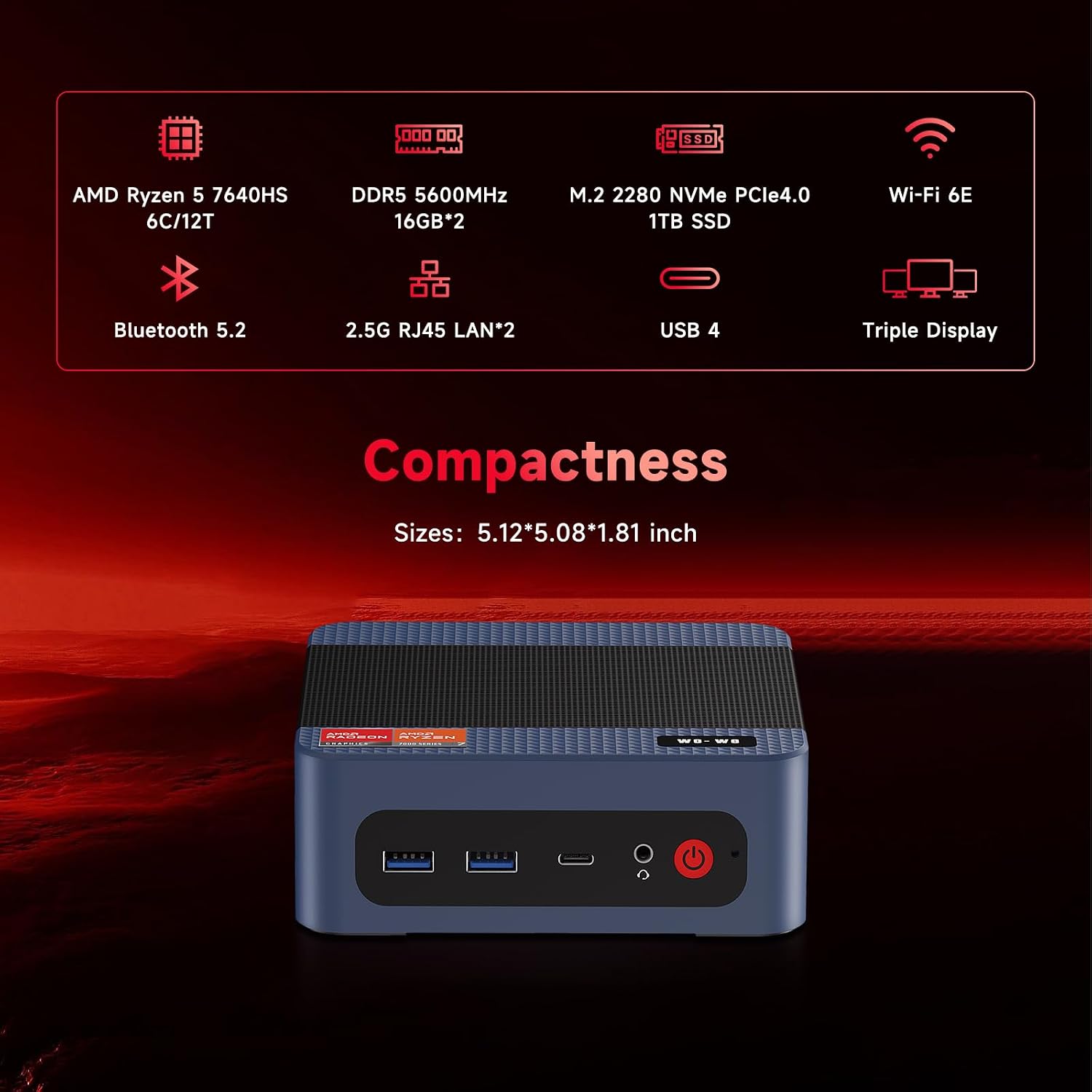 wo-we P8 MINI Gaming PC AMD Ryzen 5 7640HS (Upgraded 6600H/ 6800U) Mini Computer, AMD Radeon 760M 32GB RAM +1TB PCIe4.0 x4 SSD 6C/12T，Up to 8k， Triple Screen Display RJ45 LAN x2,Wi-Fi 6E/USB4/BT5.2