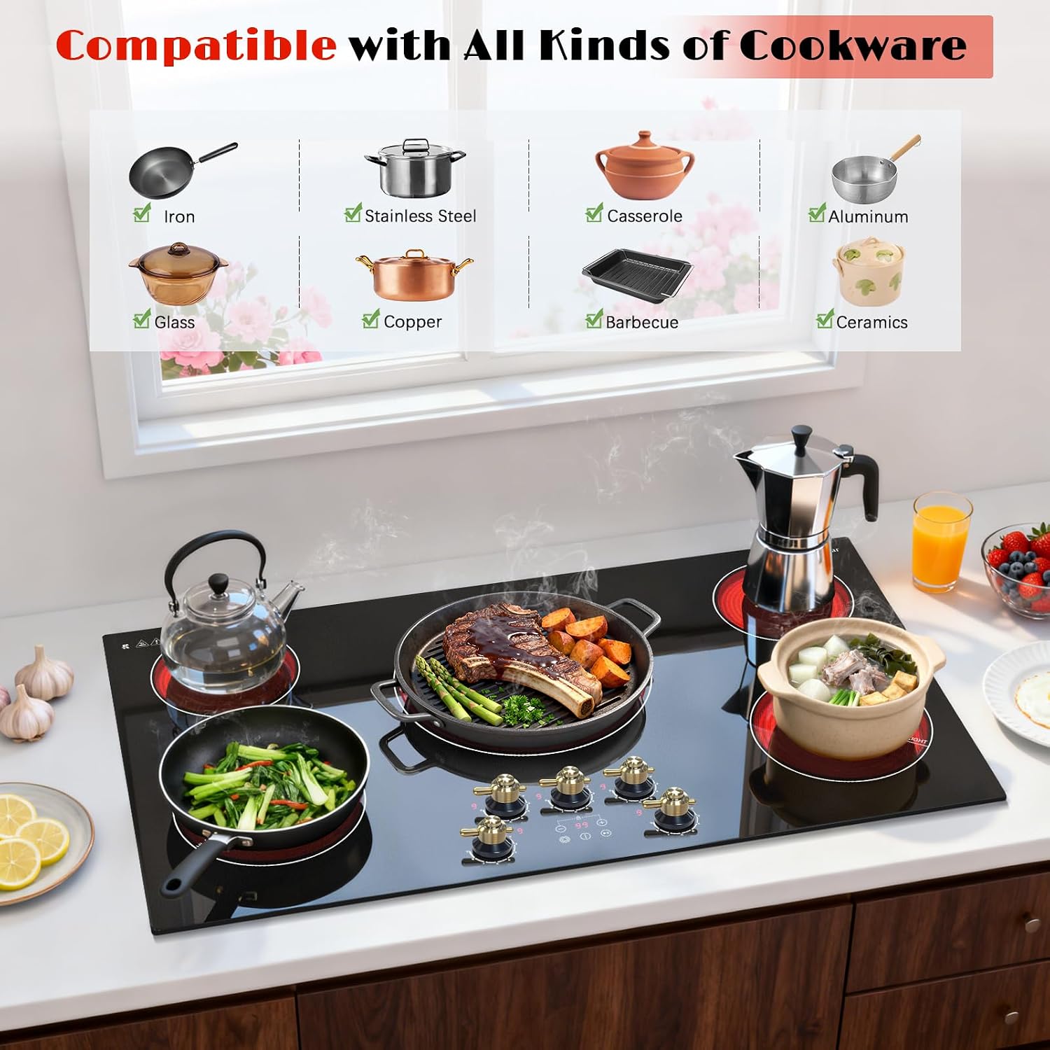 Karinear 36 inch Electric Cooktop, 5 Burner Radiant Cooktop with Knob & Touch Control, 9200W 240V Built-in Stove Top, 9 Power Levels, Timer, Child Lock, Pause, Residual Heat Indicator(Gold Knob)