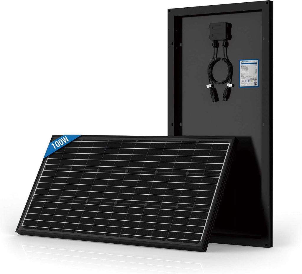 ACOPOWER Solar Panel 100 Watt 12V Black Monocrystalline High-Efficiency Module Off Gird PV Power with Solar Connectors for Battery Charging Boat Caravan RV