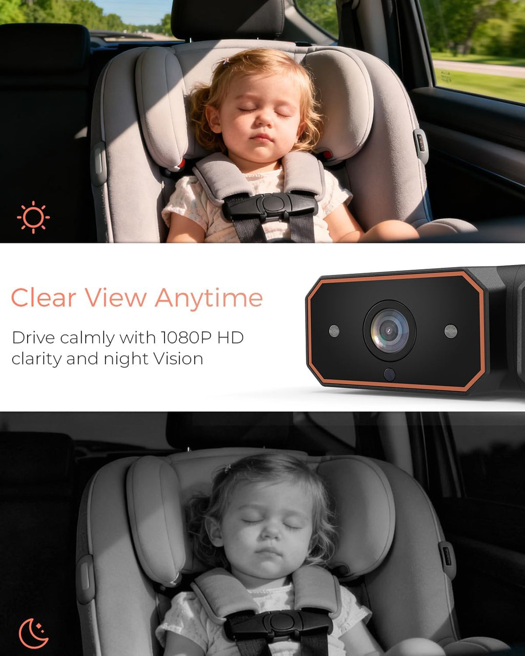 Babyvue BV6 Wireless Baby Car Camera Fast Setup, HD1080P No Wiring Car Baby Monitor with Auto IR Night Vision, 5.2' Display Backseat Camera 3X Zoom for Kids