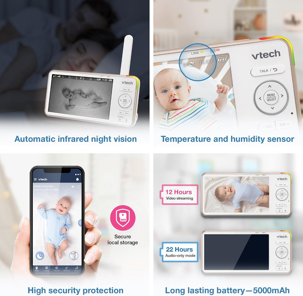 VTech V-Care VC2105 1080p FHD Over-The Crib Mount Smart Baby Monitor 5' 720p LCD Screen,Table Stand,Remote Access,Versatile Placement,Intelligence Detection, Sleep Analysis,18hrs Recording,with WiFi