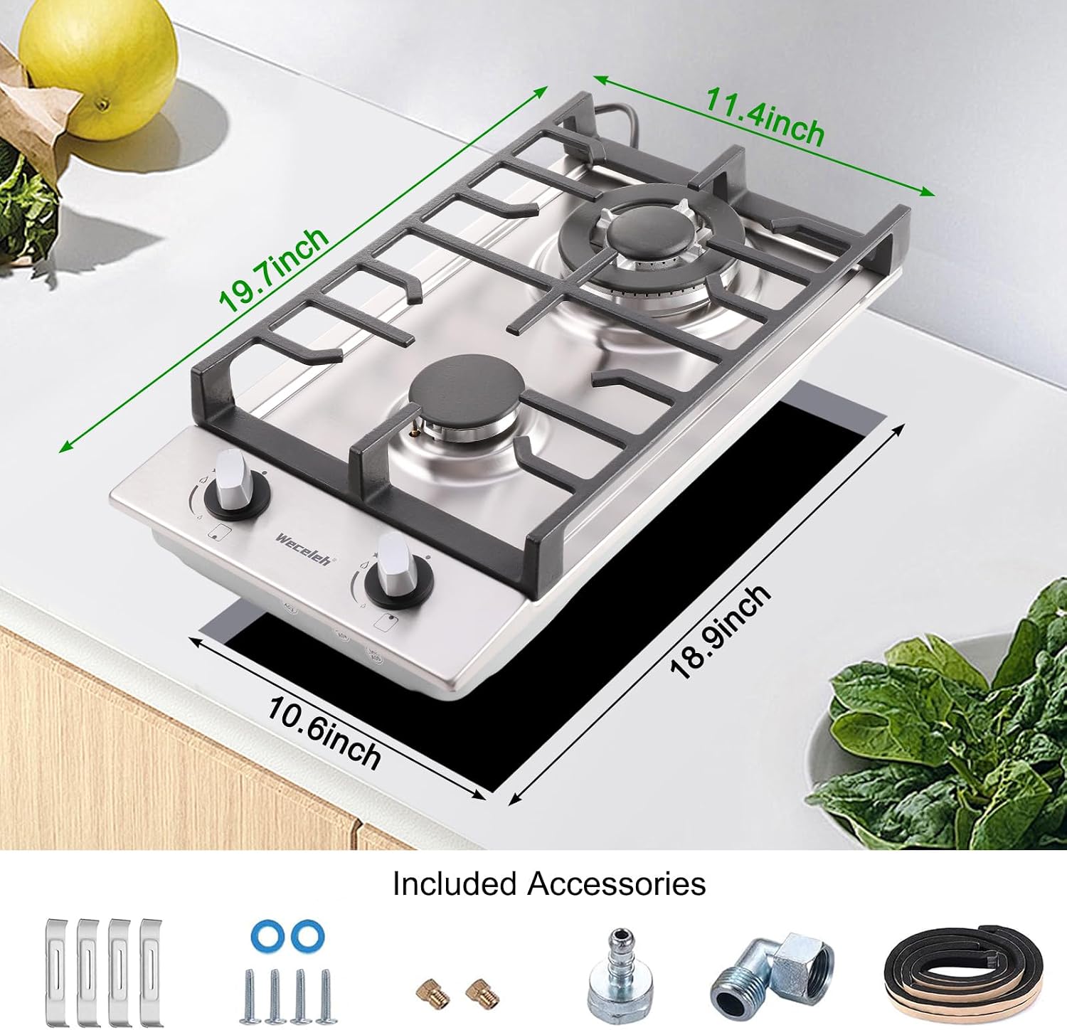 2 Burner Gas Cooktop, 12 Inch Built-in Gas Stove Top, NG/LPG Convertible Stainless Steel Propane Stove, Electronic Auto Ignition & Heavy-Duty Cast Iron Grates for Kitchen, Apartment, RV, Outdoor