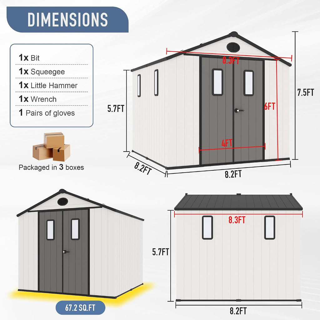 8x8 FT Resin Storage Shed, Featuring 0.6' Thick Panels, Weatherproof Outdoor Tool Shed with Floor for Garden, Lawn, Backyard