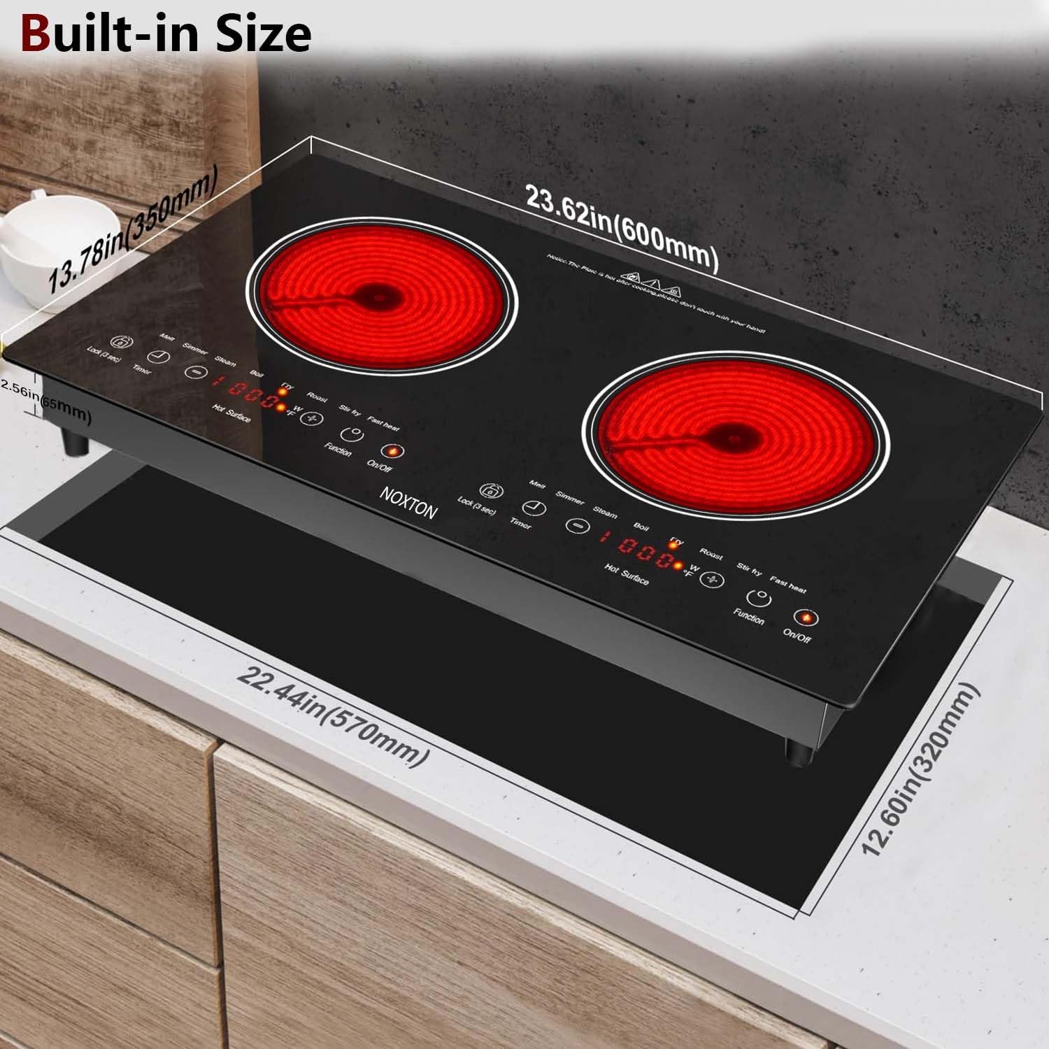 Noxton 2 Burners Electric Cooktop, 24' Built-in & Countertop Stove, Two Burner Ceramic Cooktop with Child Safety Lock, Timer, Touch Sensor Control, Portable 110V Plug-in Cooktop