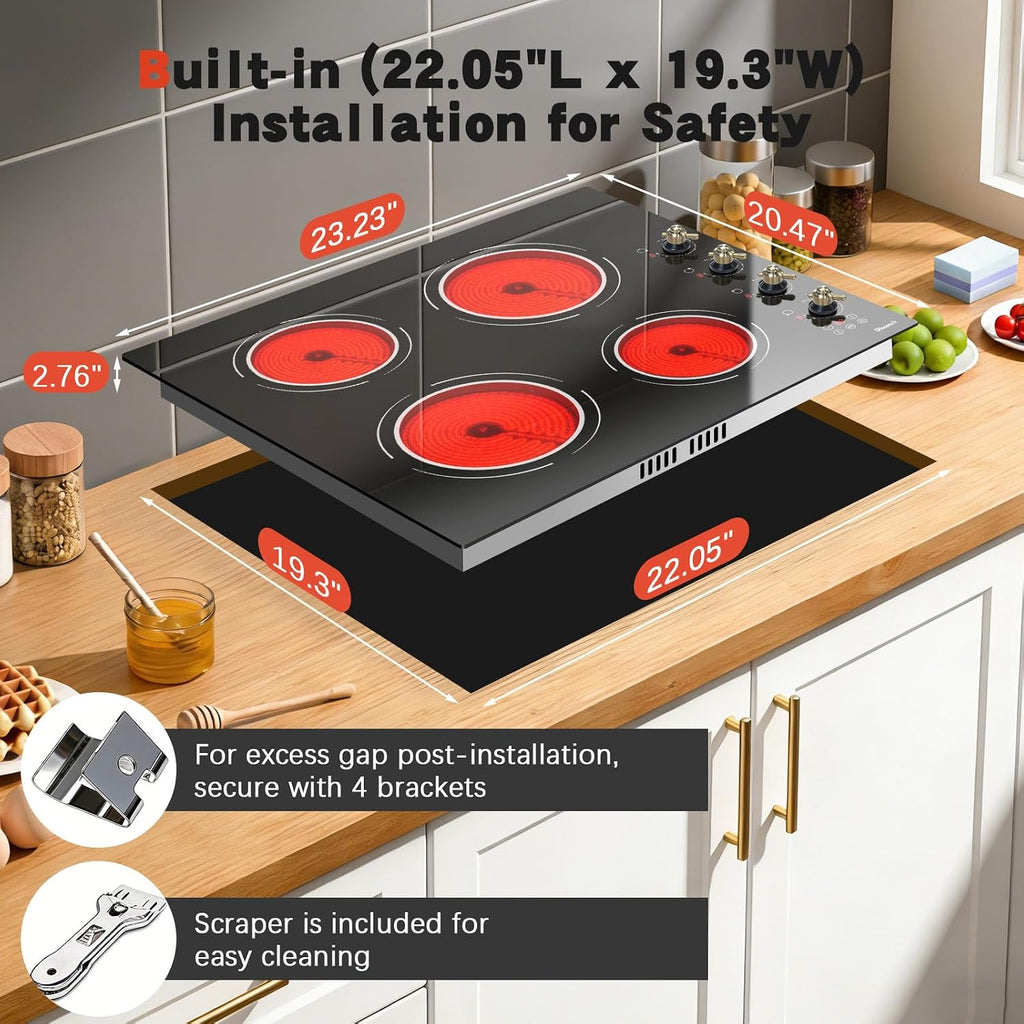 24 Inch Electric Cooktop - 4 Burner Drop-in(22.05'x19.3') Ceramic Stove Top 6000W, 220V Electric Stove, 9 Power Level, Pause, Safety Lock, Touch & Knob Control, 240V Hard Wired (No Plug)