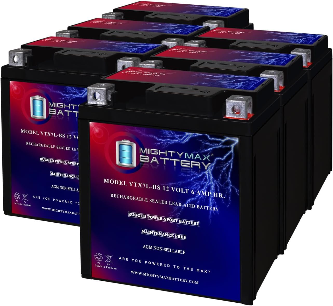 Mighty Max Battery YTX7L-BS 12V 6AH Sealed AGM Battery for Motorcycle - 6 Pack