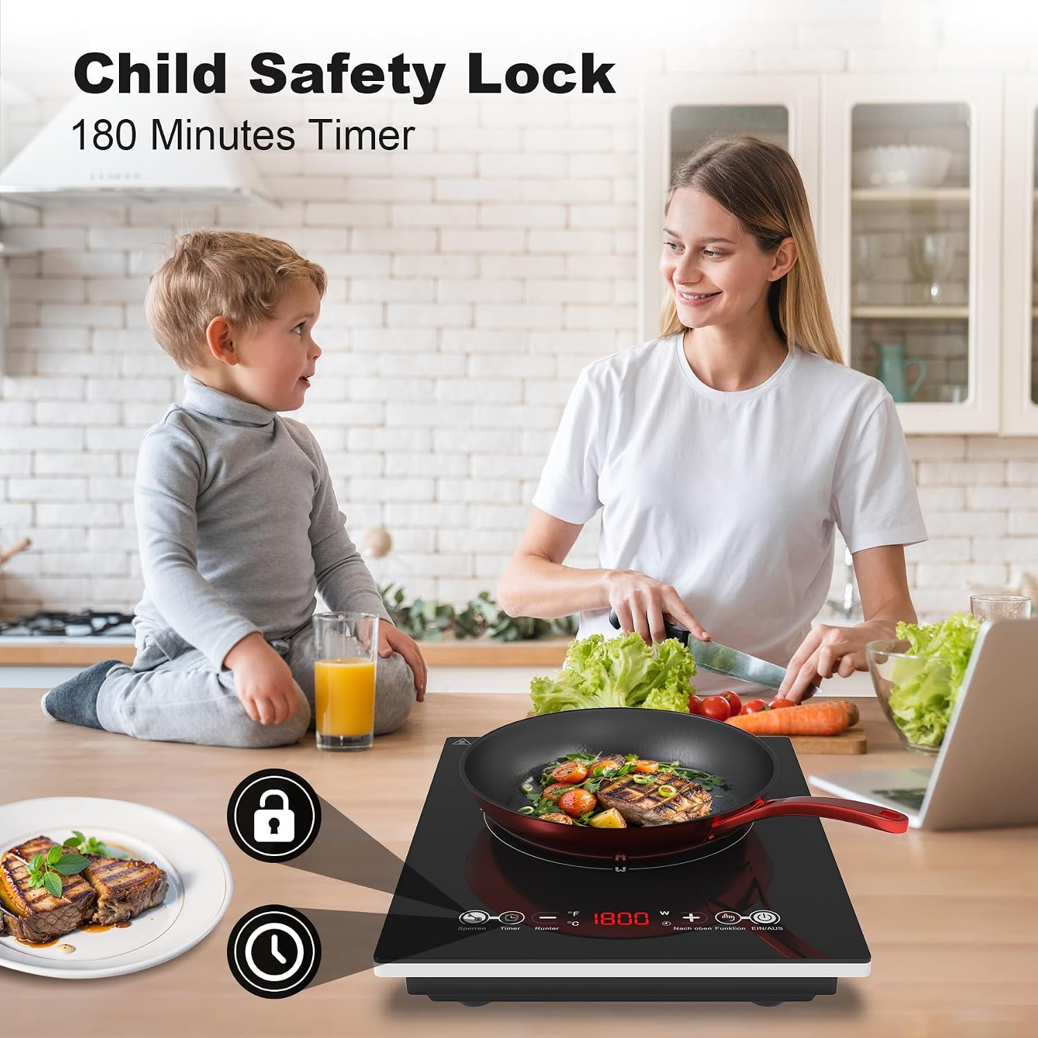 VBGK Portable Induction Cooktop With Ultra Thin Body, Low Noise Hot Plate With 1800W Sensor Touch Single Electric Cooktops Countertop Stove With 9 Temperature & Power Levels, 3-hour Timer, Safety Lock