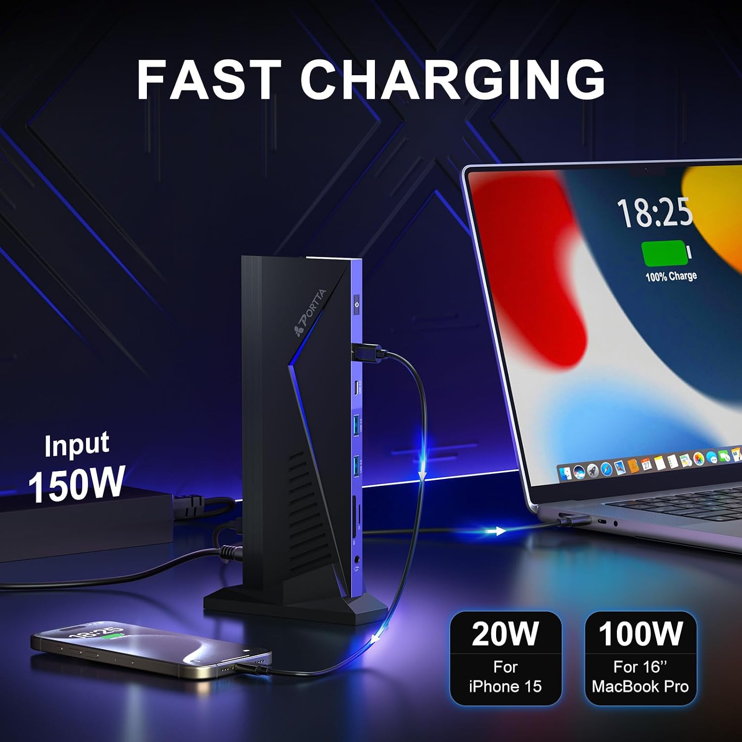 PORTTA 14 in 1 Docking Station Triple Monitor up to 4K 60 w/ 150W Power Adapter, HDMI x3, USB x6, RJ45, SD/TF, 100W PD, Audio/Mic, Compatible with macOS/Windows SST/MST, Driver Required