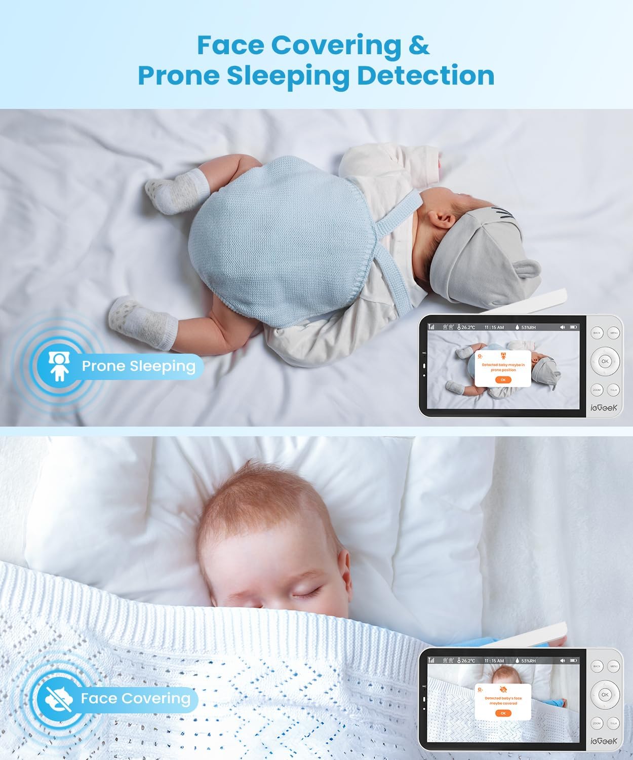 ieGeek 5.5'' Split-Screen Baby Monitor,2.5K UHD Baby Monitor with 2 Cameras and Audio,Night Light,Prone Sleeping&Cry Detection,Two-Way Talk,Night Vision,2.4G&5Ghz WiFi App Control,4000mAh Battery