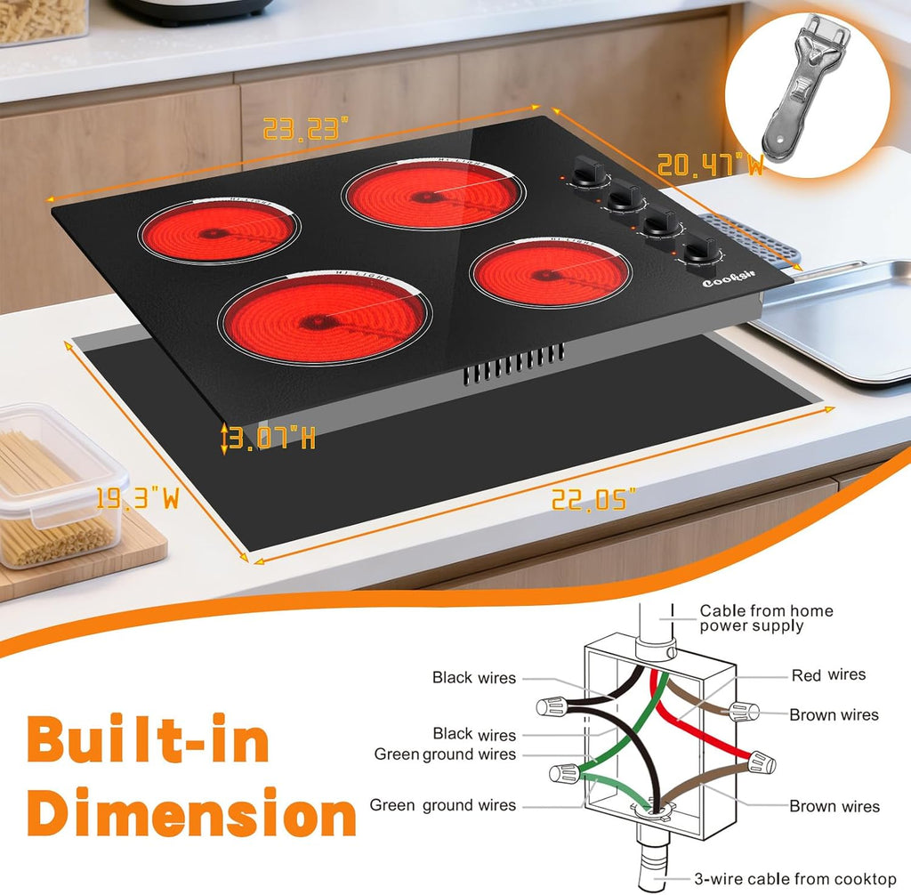 Electric Cooktop 24 Inch - 4 Burner Built-in Electric Stove Top 6000W, Radiant Electrical Stovetop with 9 Heating Level, Knob Control, Auto Shut Off Protection, 220-240V Hard Wired (No Plug)