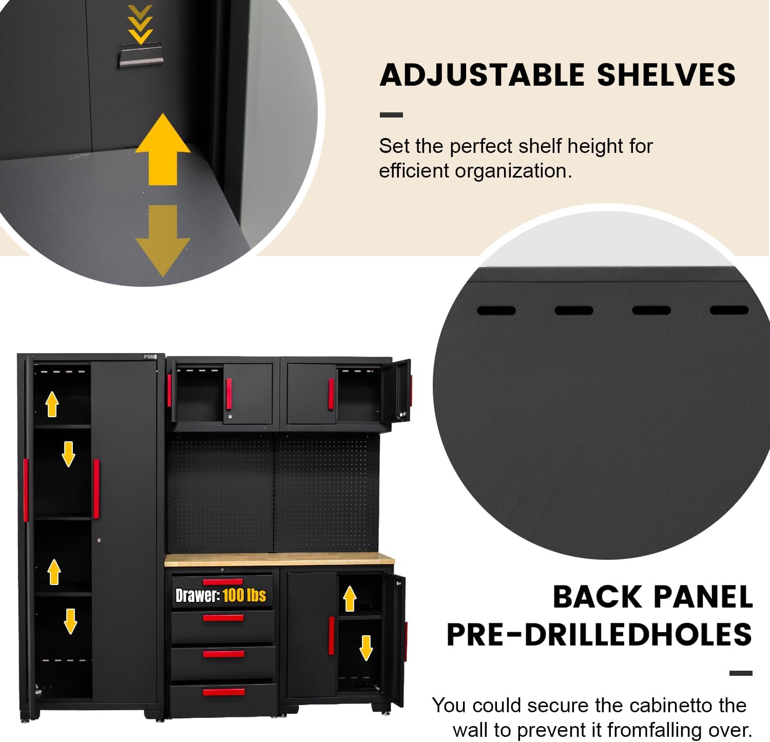 6-Pcs Garage Storage Cabinet System - Garage Workshop Set with Steel Cabinet Drawers, Tool Chest, Workbench, Pegboard for Tool Organization