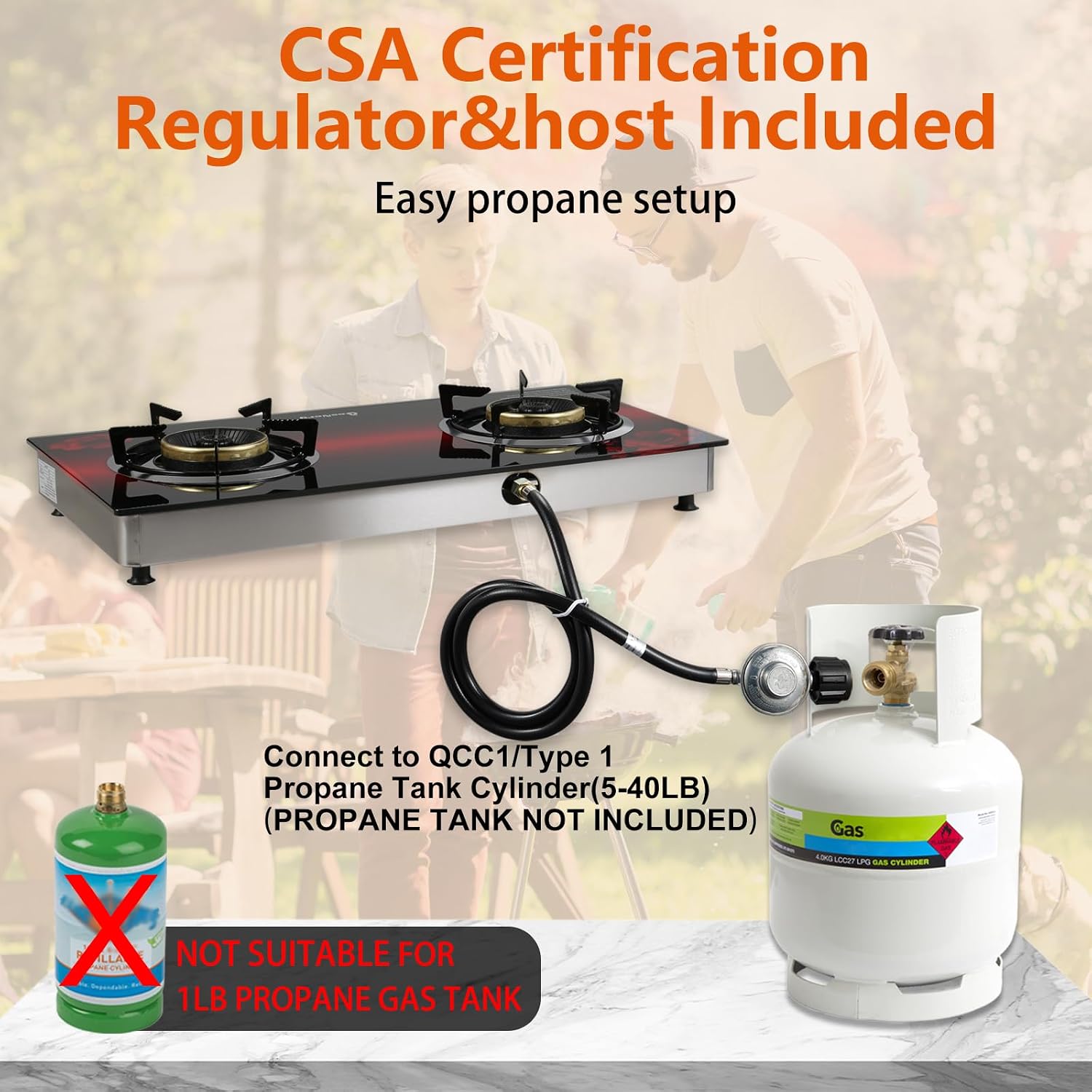 2 Burner Propane Gas Stove with Auto Ignition, 29000 BTU High-Efficiency Heavy-Duty Tempered Glass Cooktop, CSA Regulator & Hose Included, for Outdoor Camping Emergency