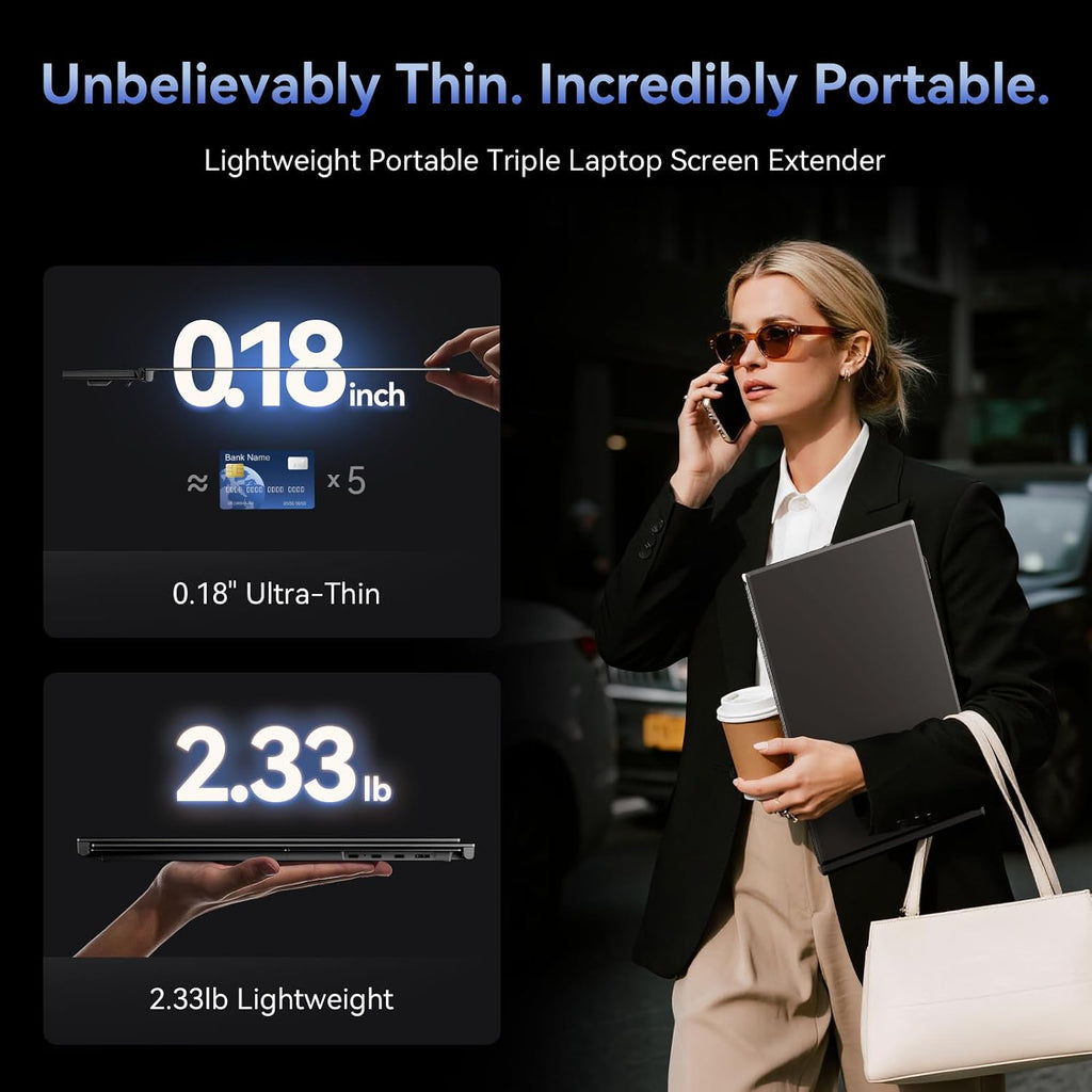 One Cable Connection Triple Laptop Screen Extender - Ultra Thin 14' Monitor IPS FHD 1080P Lightweight Portable Display for 13'-17' Laptops Compatible with Windows Mac Chrome Travel Work Setup