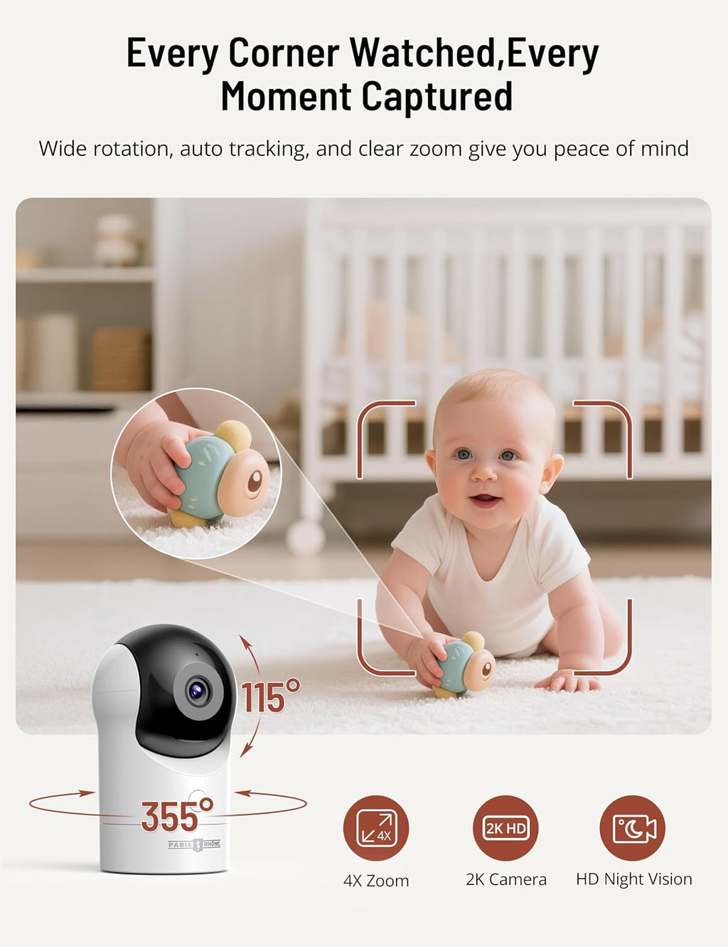 PARIS RHÔNE 2K Split-Screen Baby Monitor, 5' Smart Video Baby Monitor with 2 Cameras, Dual WiFi Cameras with App Control, Night Vision, Motion & Cry Alerts, Auto Tracking, RGB Night Light, Lullabies