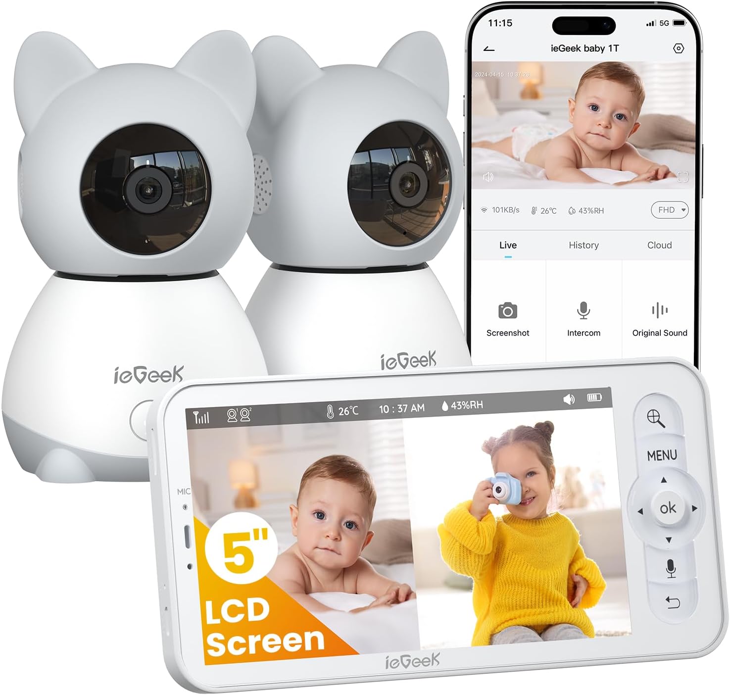 ieGeek Baby Monitor with 2 Cameras, 5' Large Screen Split-Screen Video Baby Monitor | 2K HD Non-WiFi Monitor with App & Parent Unit | Night Vision, 2-Way Audio, Cry Detection, Temperature Sensor