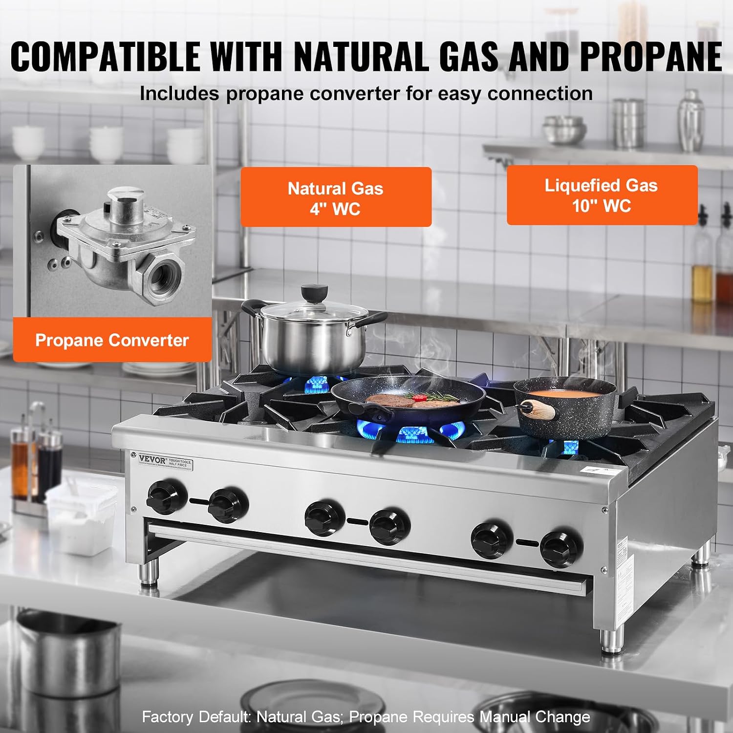 VEVOR Commercial Gas Stove with 6 Burners, Propane and Natural Gas Countertop Cooking Stove Range, Stainless Steel Gas Hot Plate, Commercial Cooking Equipment for Restaurant, 168,000 BTU