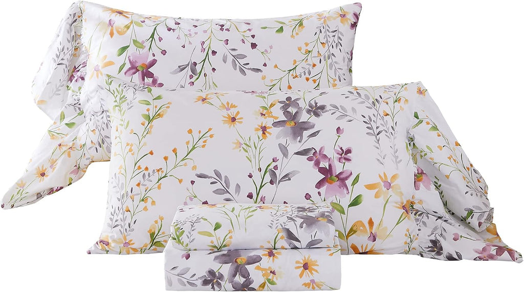 ABREEZE Floral Bedding Shabby Purple Print Bed Sheet Set Girls Bedding Set Luxury Bedding Collections 1000 Thread Count 100% Egyptian Cotton Deep Pocket King, 4 Pieces