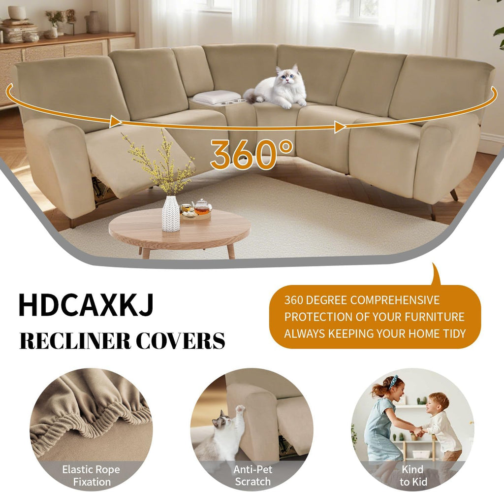 HDCAXKJ Reclining Sectional Couch Covers Velvet L Shaped Sectional Sofa Cover Washable Stretch Soft Corner Recliner Slipcover with Non-Slip Elastic Bottom (5 Seat and 2 Middle Console, Camel)