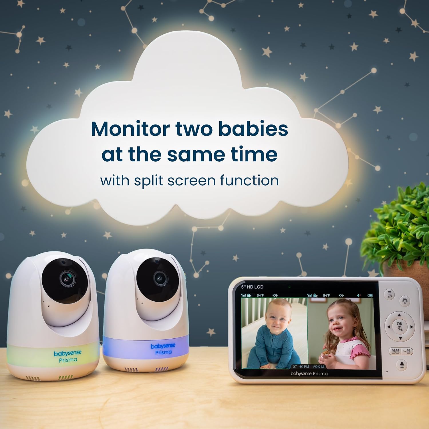 Babysense Prisma Baby Monitor with Camera and Audio, 5' HD Video Baby Monitor, 6-Color Night Light, Split Screen, Baby Sound Machine with White Noise & Lullabies, Secure No WiFi