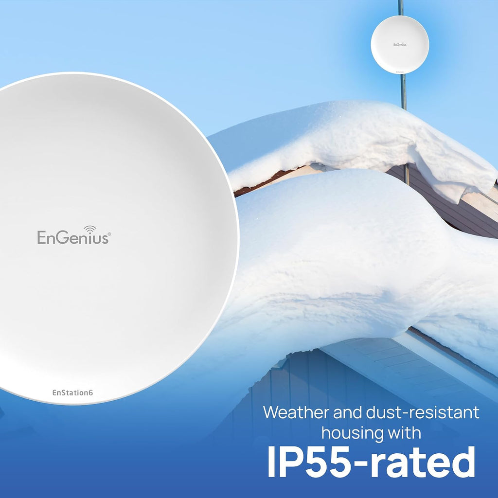 EnGenius Wi-Fi 6 (802.11ax) 5GHz 1,200 Mbps, 2x2 Outdoor Wireless Bridge, 26 dBm, high gain 19 dBi Directional Antenna, IP-55 housing, up to 6 Miles Point-to-Point [EnStation6 KIT]