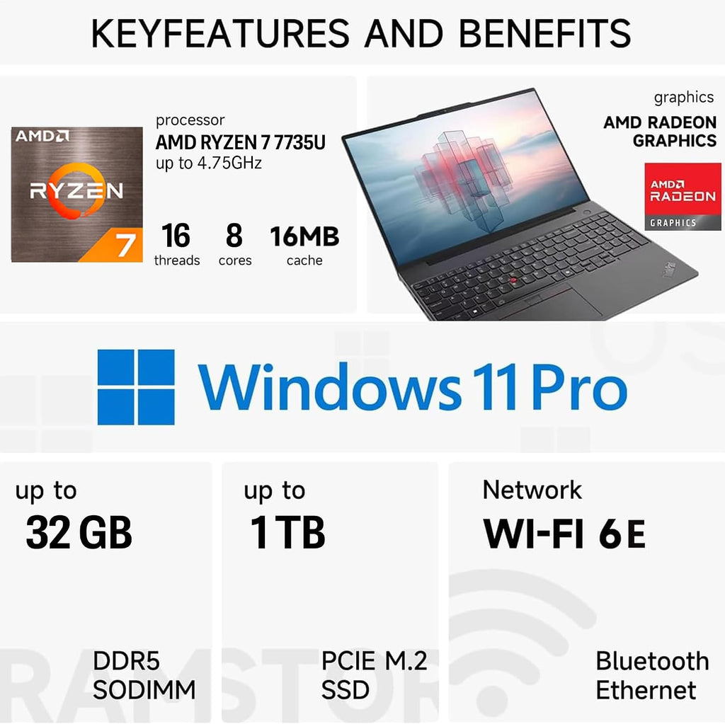 Lenovo ThinkPad E16 Gen 2, 16' FHD+ Touchscreen AI Business Laptop, AMD Ryzen 7 7735U, 32GB DDR5 RAM, 1TB SSD, Fingerprint, Backlit Keyboard, Webcam, Wi-Fi 6E, HDMI, Windows 11 Pro, Black