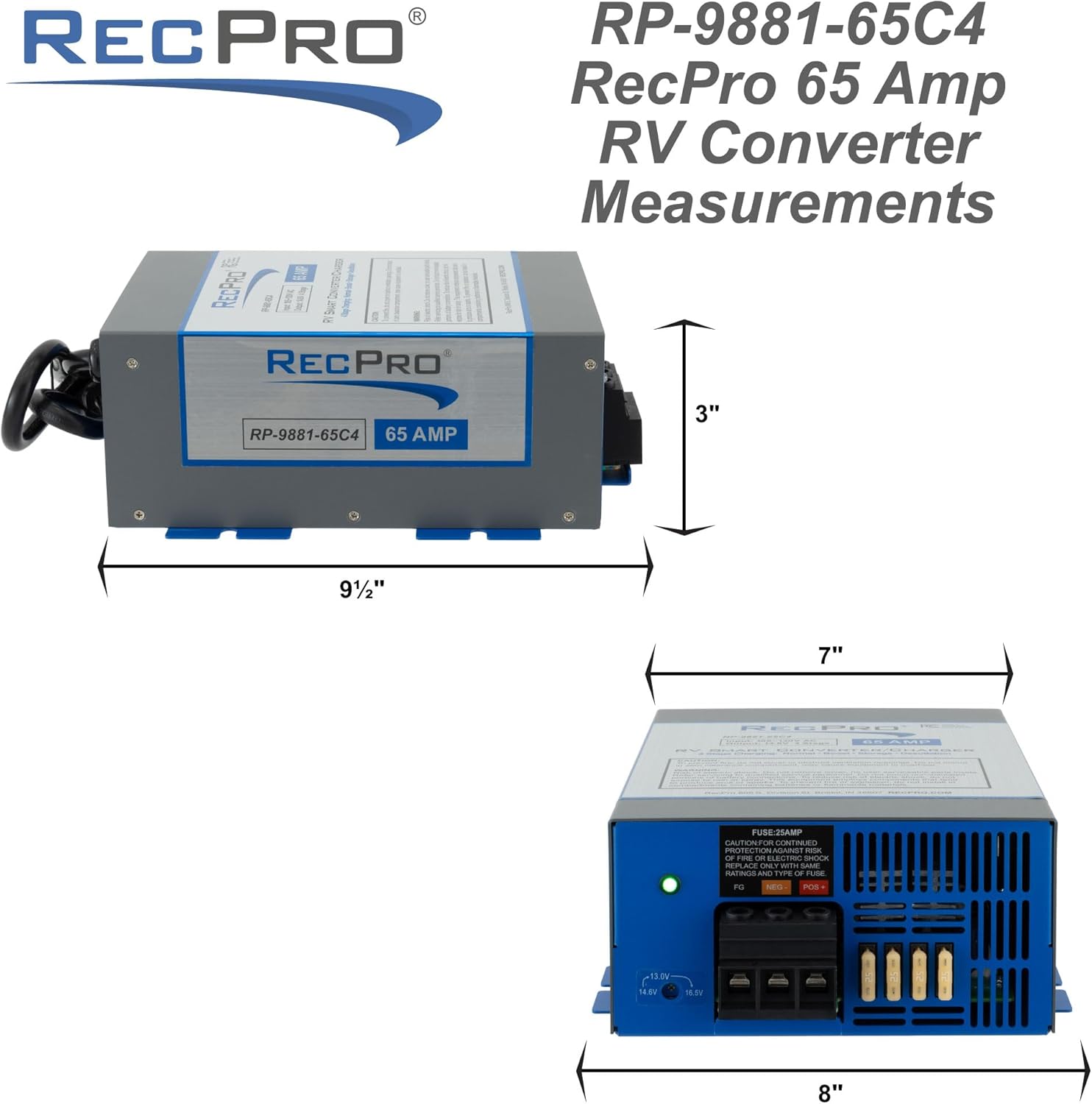 RecPro RV Converter 65 Amp | RV Power Converter & Battery Charger | 4 Stage Smart Charging | 120VAC to 12VDC | 13V to 16.5V Operating Range