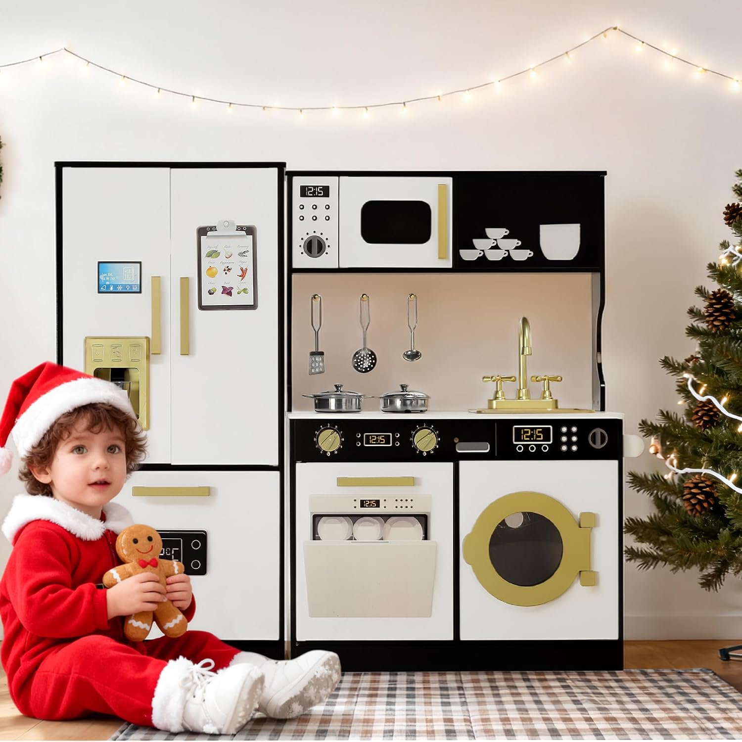 Kinder King Wooden Kids Play Kitchen, Toy Kitchen Playset for Toddler, Play Kitchen Set w/Transparent Coloring Board, Pretend Fridge, Washing Machine, Ice Maker, Gift for Boys Girls Age 3+, Black