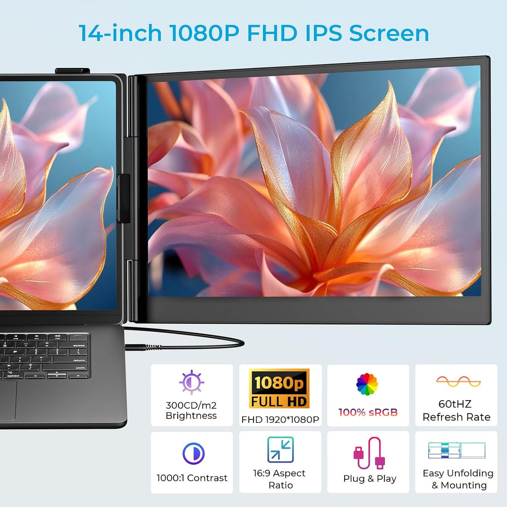 Laptop Screen Extender Ultra-Thin, 14' FHD 1080P Dual Portable Monitor for Laptop, 1.3lbs Lightweight Travel Monitor Extender Fit 13'-17.3', Plug and Play for Windows/Mac/Android/Chrome