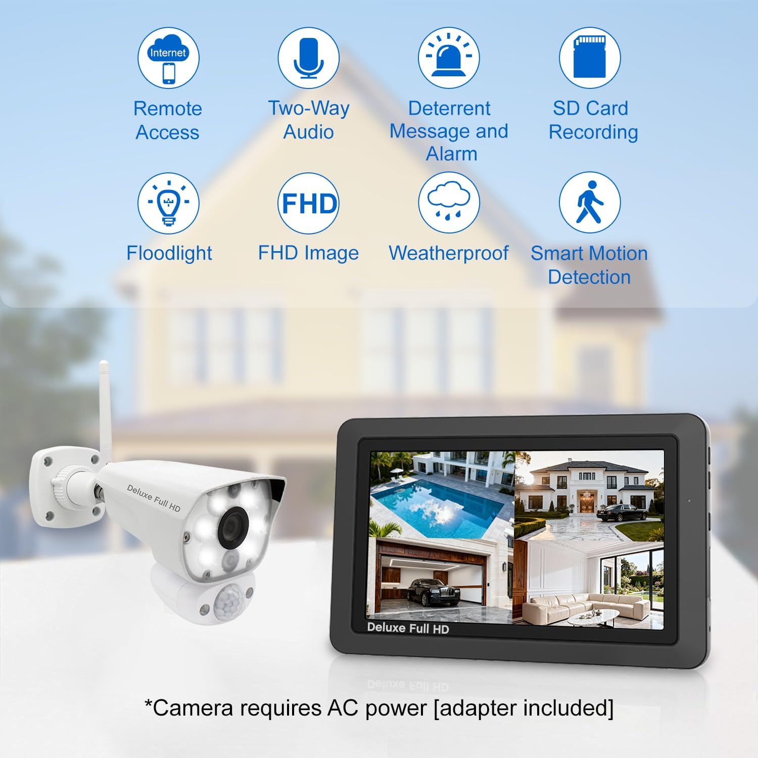 CasaCam Deluxe Wireless Security Camera System | 2 1080p Floodlight Cameras and one 7' Touchscreen Monitor | AC Powered, Two-Way Audio, Free APP, 32GB SD Card and Battery Installed, Model VS5002