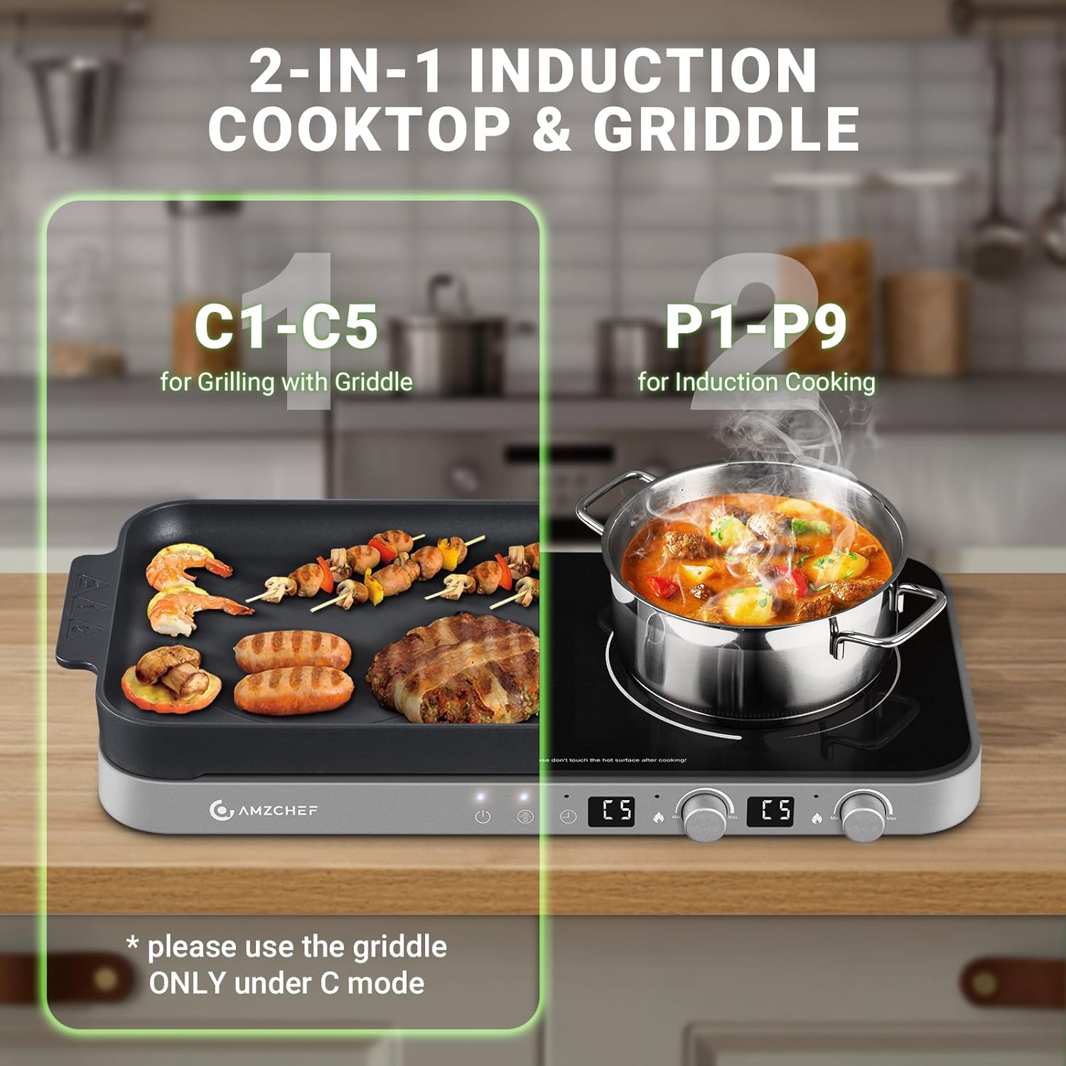 AMZCHEF Double Induction Cooktop with Removable Iron Cast Griddle & AMZCHEF Electric Induction Cooktop 2 Burners